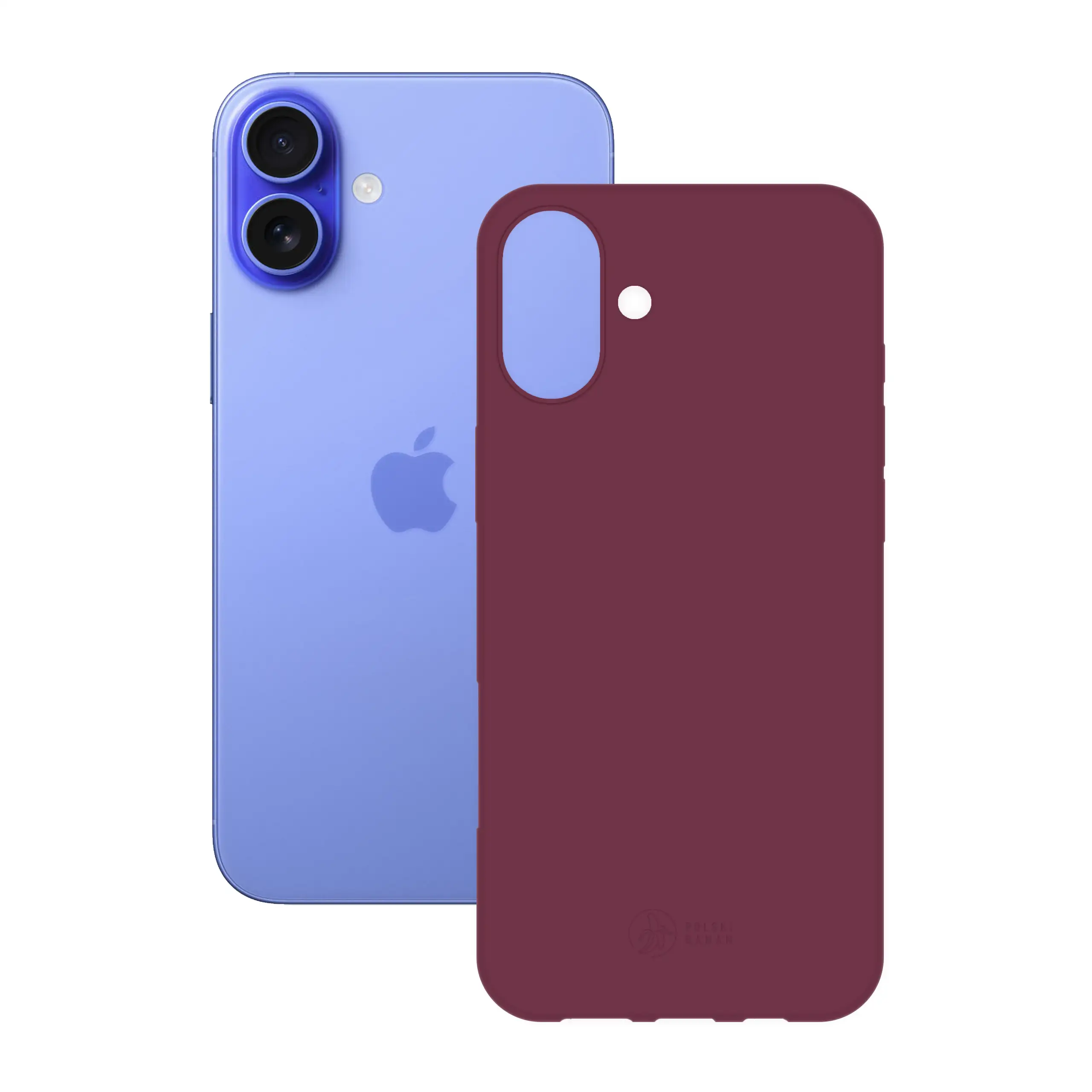Etui silikonowe matowe wiśniowe Polski Banan obok telefonu Apple iPhone 16 Plus
