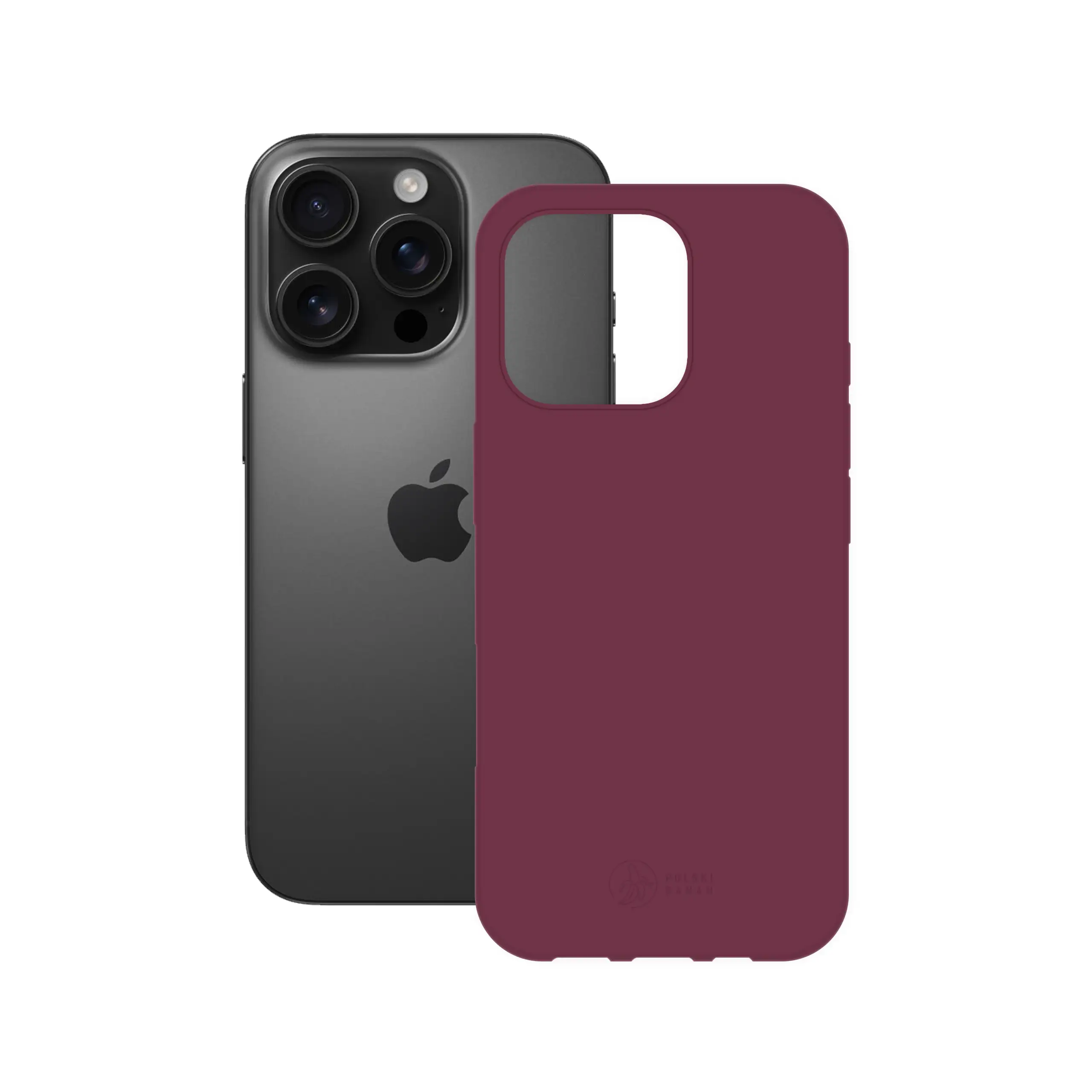 Etui silikonowe matowe wiśniowe Polski Banan obok telefonu Apple iPhone 16 Pro