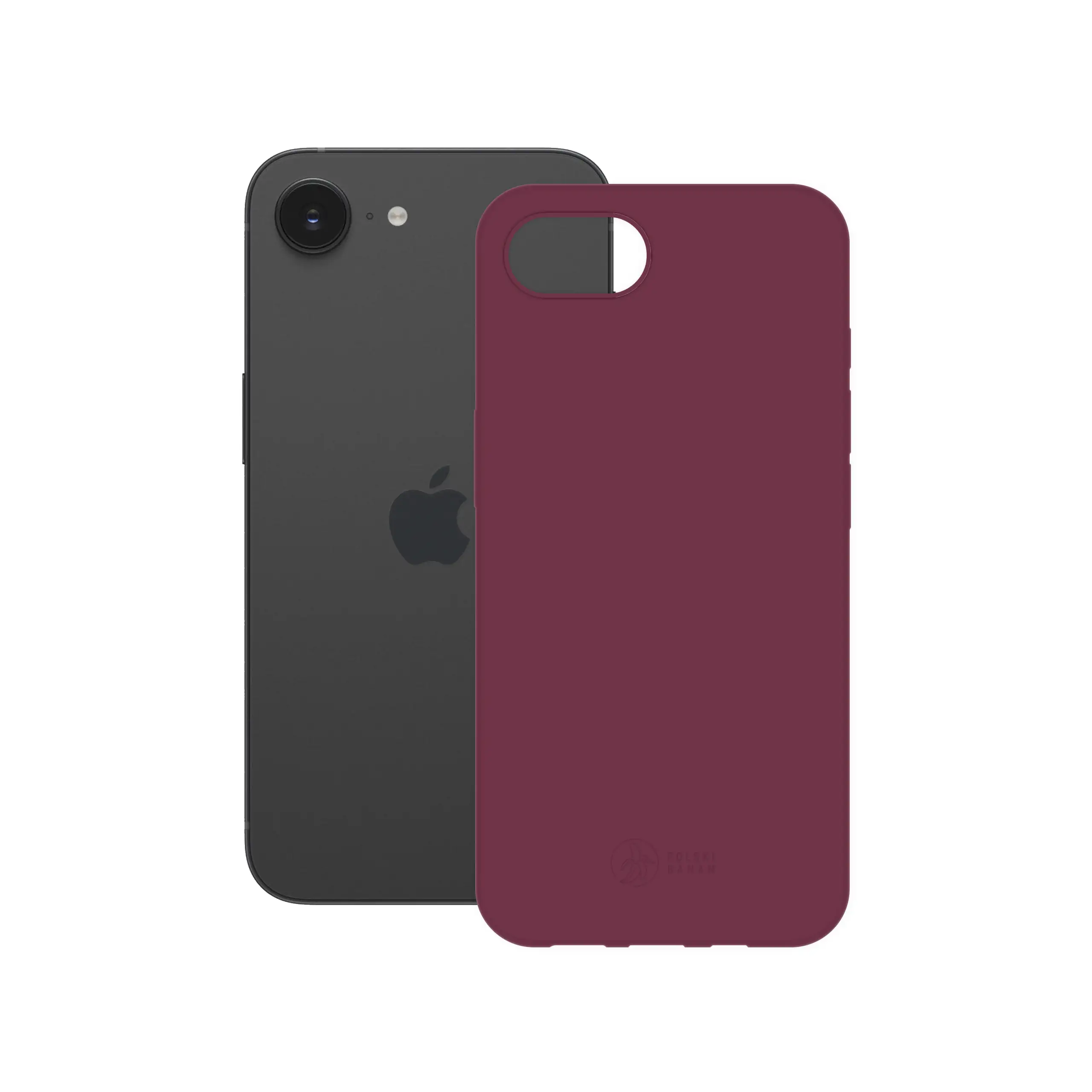 Etui silikonowe matowe wiśniowe Polski Banan obok telefonu Apple iPhone 16e