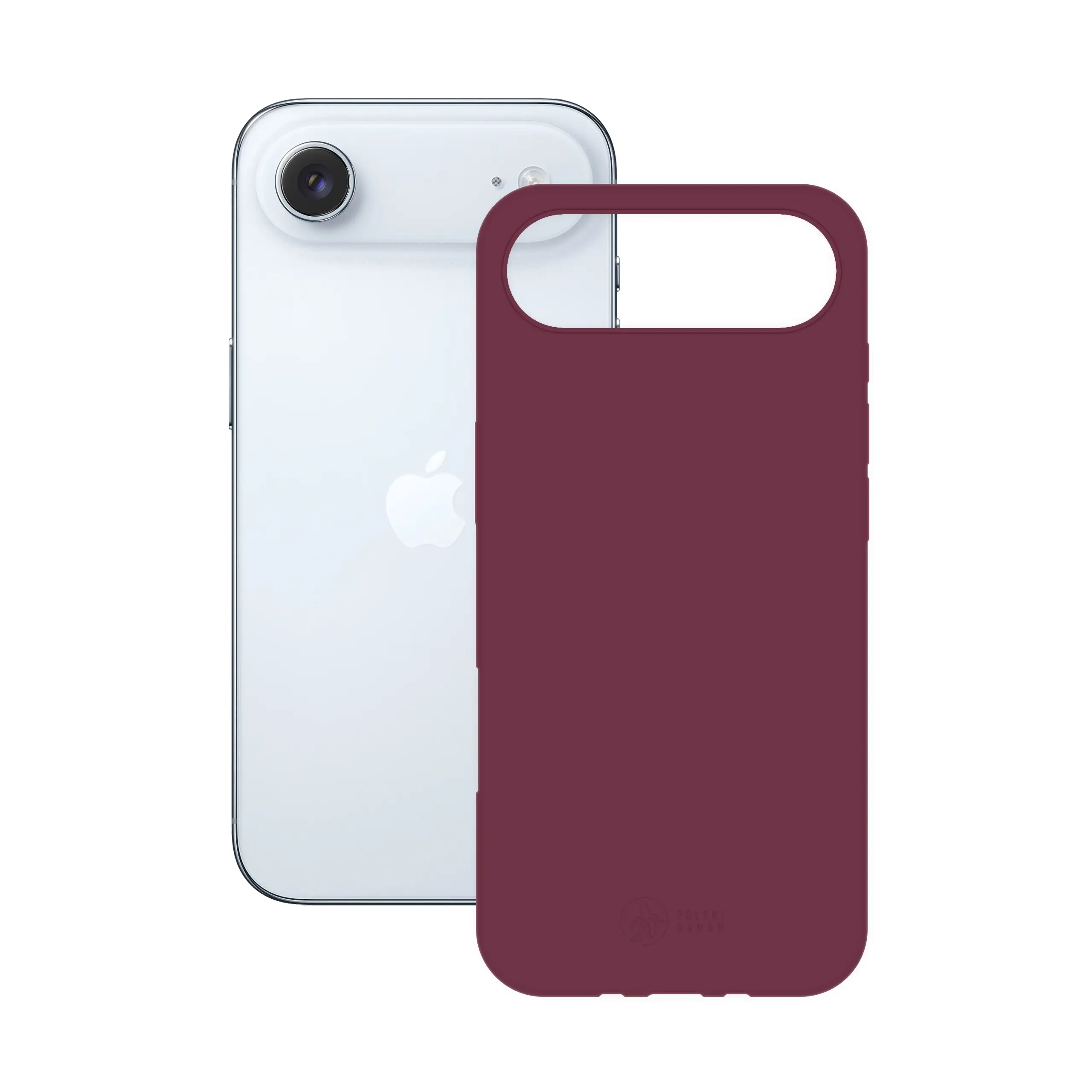 Etui silikonowe matowe wiśniowe Polski Banan obok telefonu Apple iPhone 17 Air