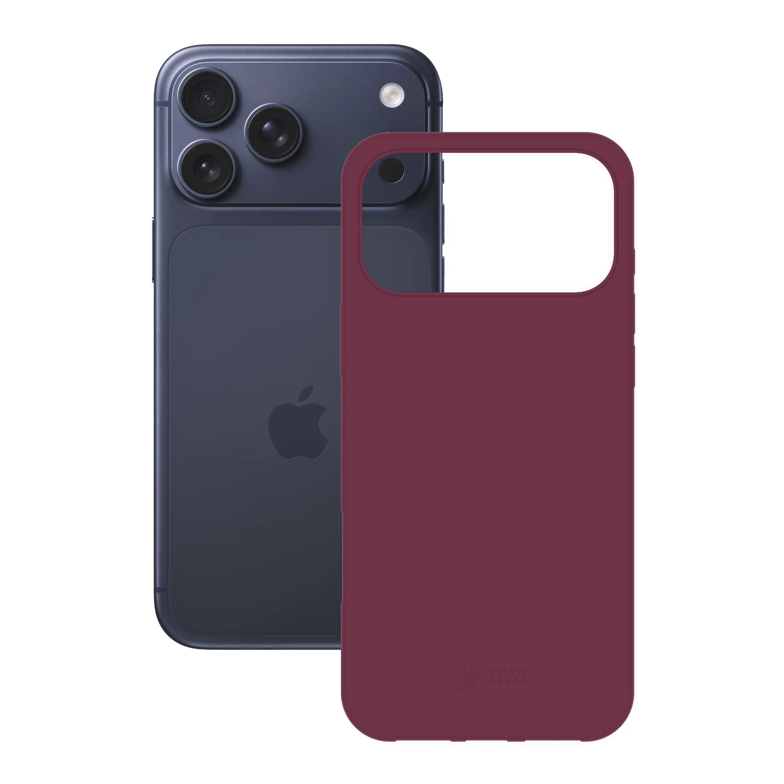 Etui silikonowe matowe wiśniowe Polski Banan obok telefonu Apple iPhone 17 Pro Max