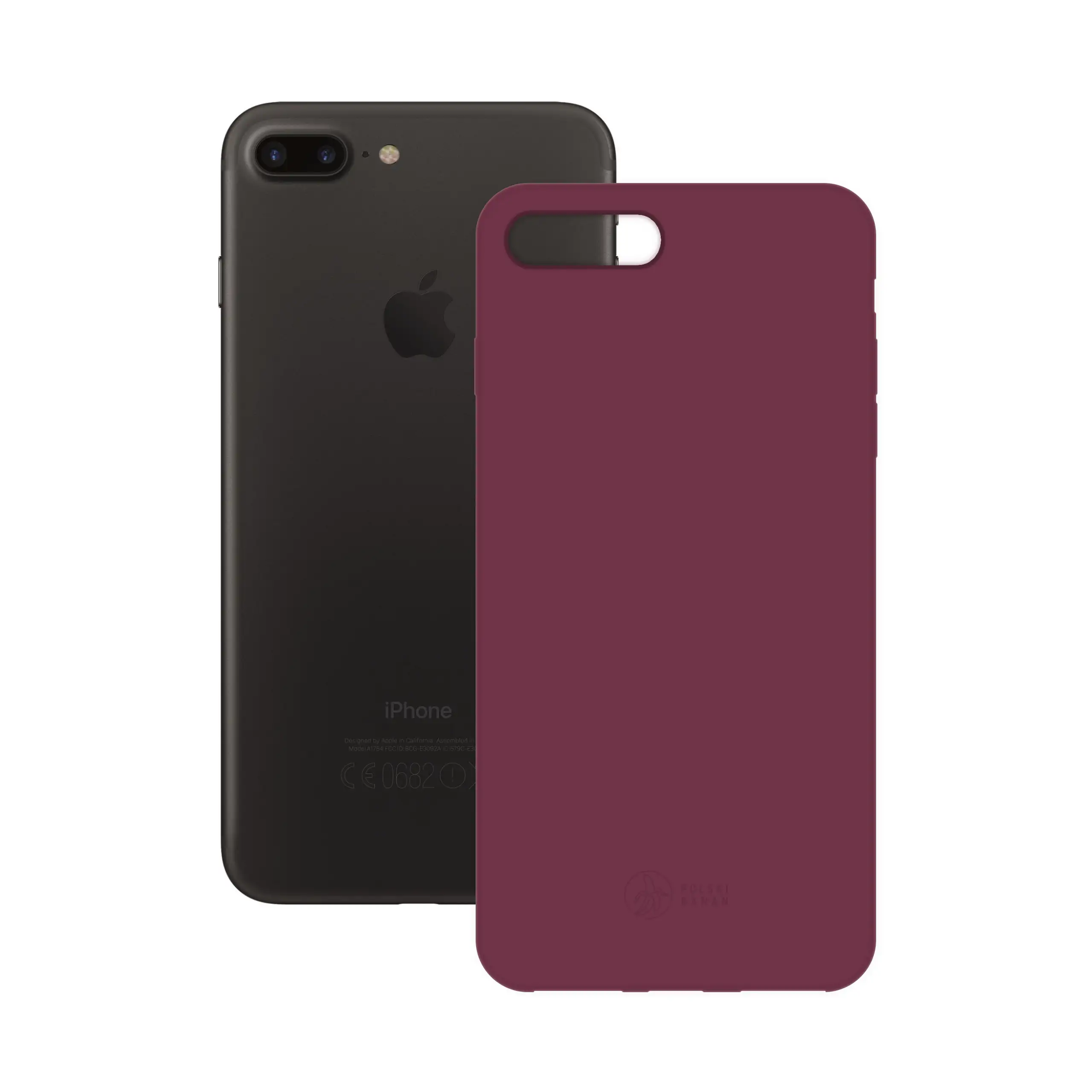 Etui silikonowe matowe wiśniowe Polski Banan obok telefonu Apple iPhone 7 PLUS / 8 PLUS