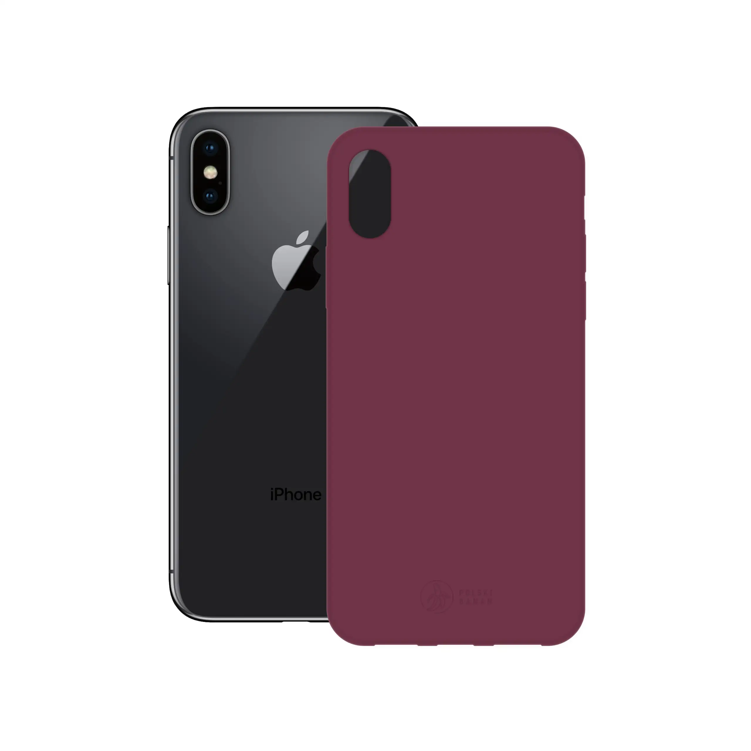 Etui silikonowe matowe wiśniowe Polski Banan obok telefonu Apple iPhone X / Xs