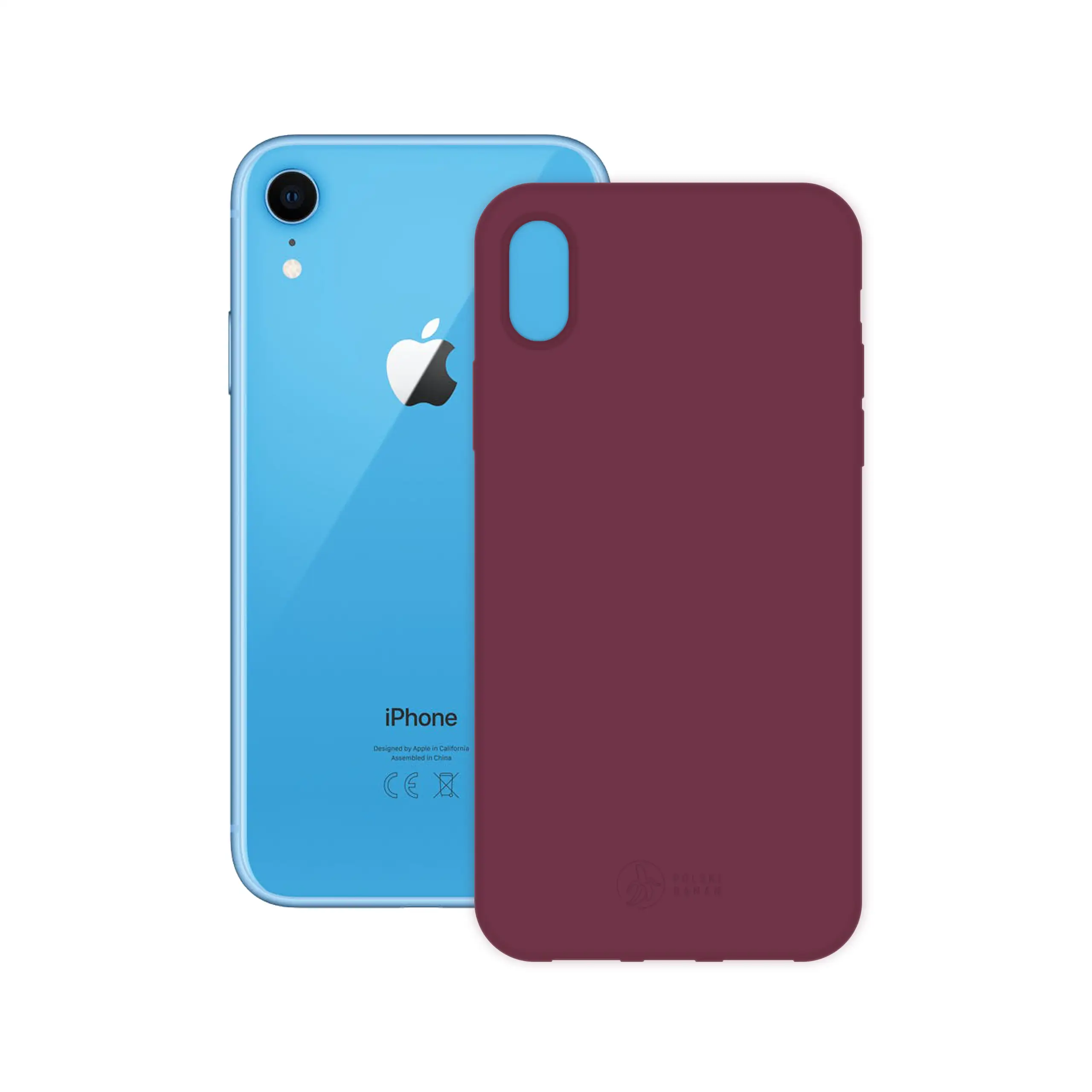 Etui silikonowe matowe wiśniowe Polski Banan obok telefonu Apple iPhone Xr