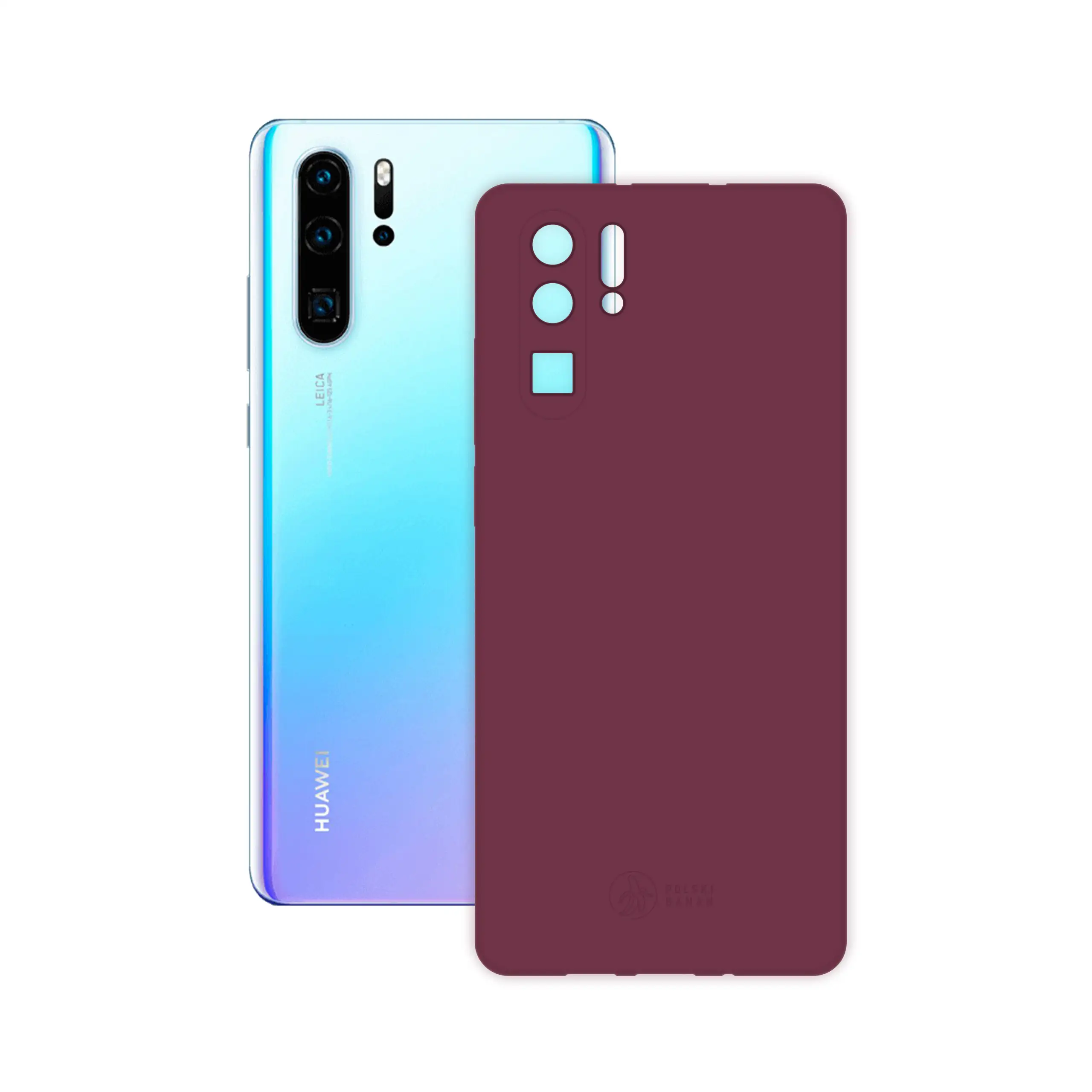 Etui silikonowe matowe wiśniowe Polski Banan obok telefonu Huawei P30 Pro