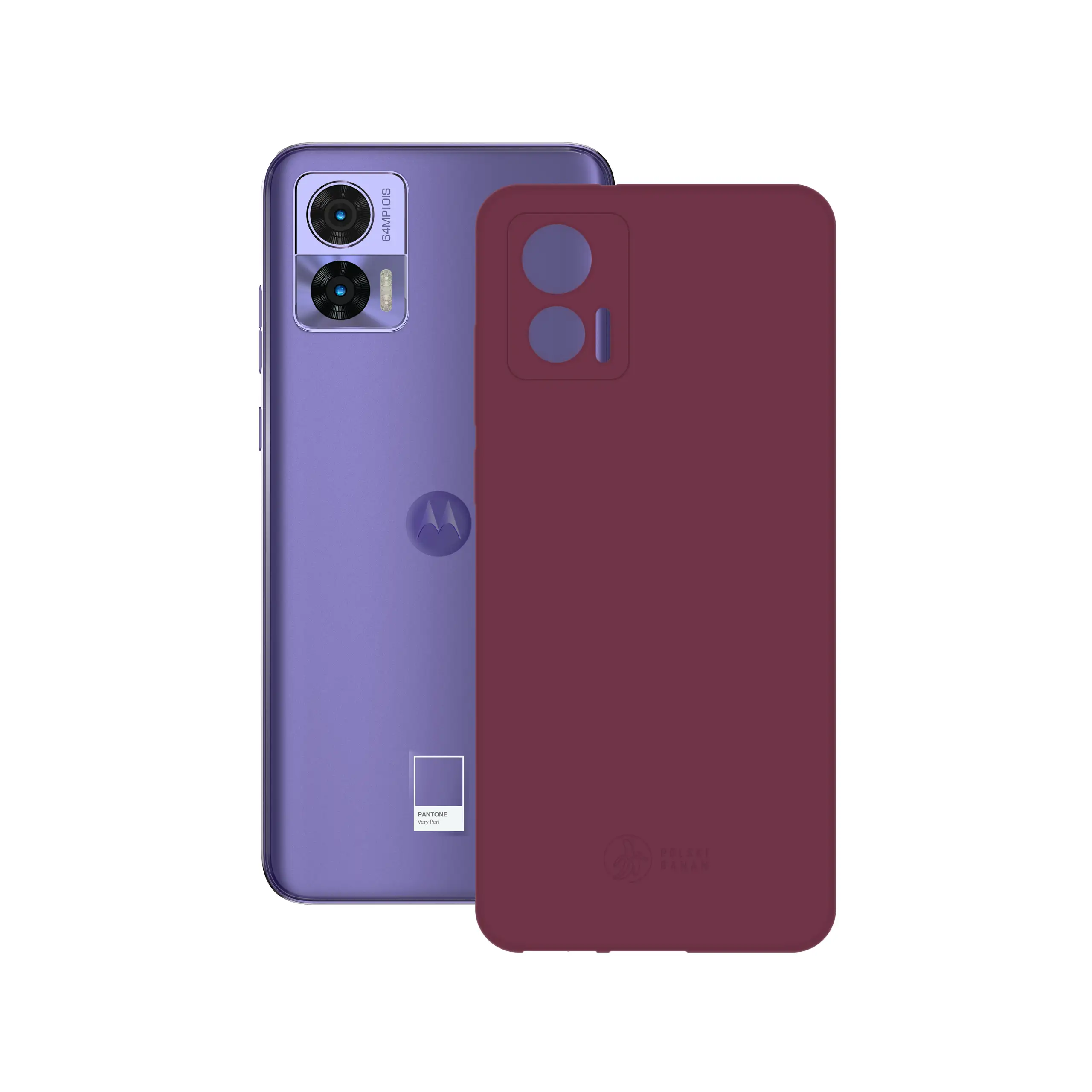 Etui silikonowe matowe wiśniowe Polski Banan obok telefonu Motorola Edge 30 Neo