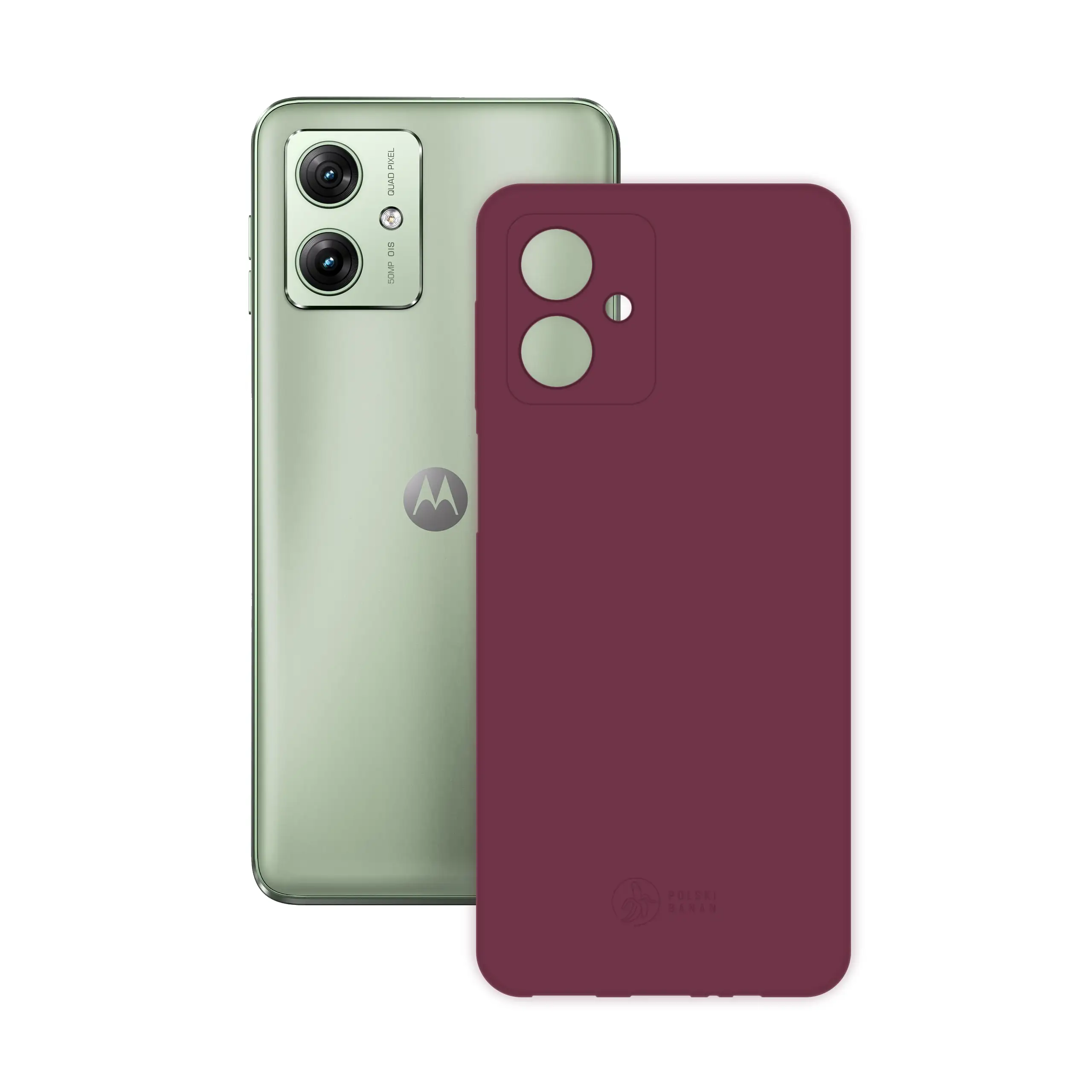 Etui silikonowe matowe wiśniowe Polski Banan obok telefonu Motorola Moto G54 5G / G54 Power Edition