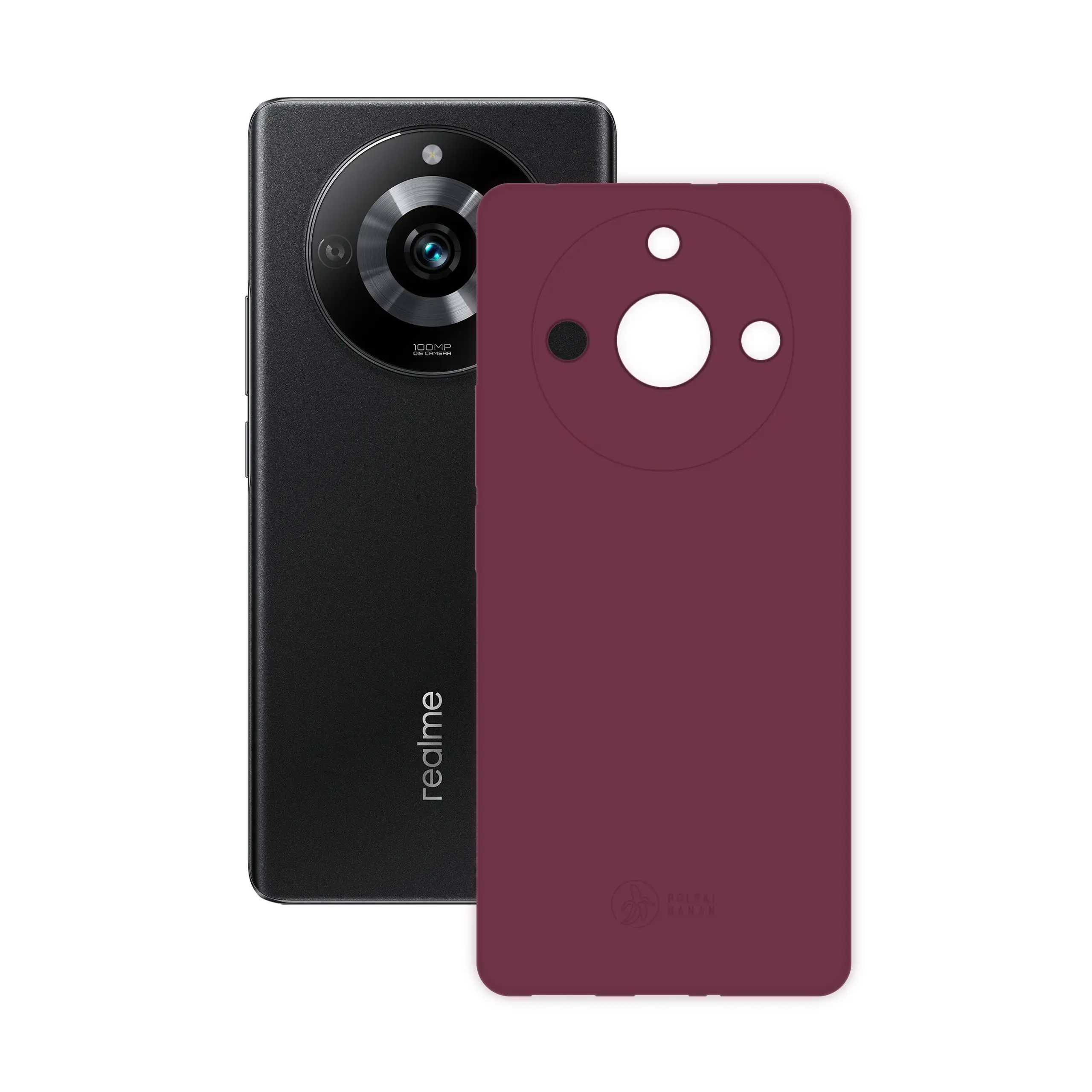 Etui silikonowe matowe wiśniowe Polski Banan obok telefonu Realme 11 Pro / 11 Pro Plus