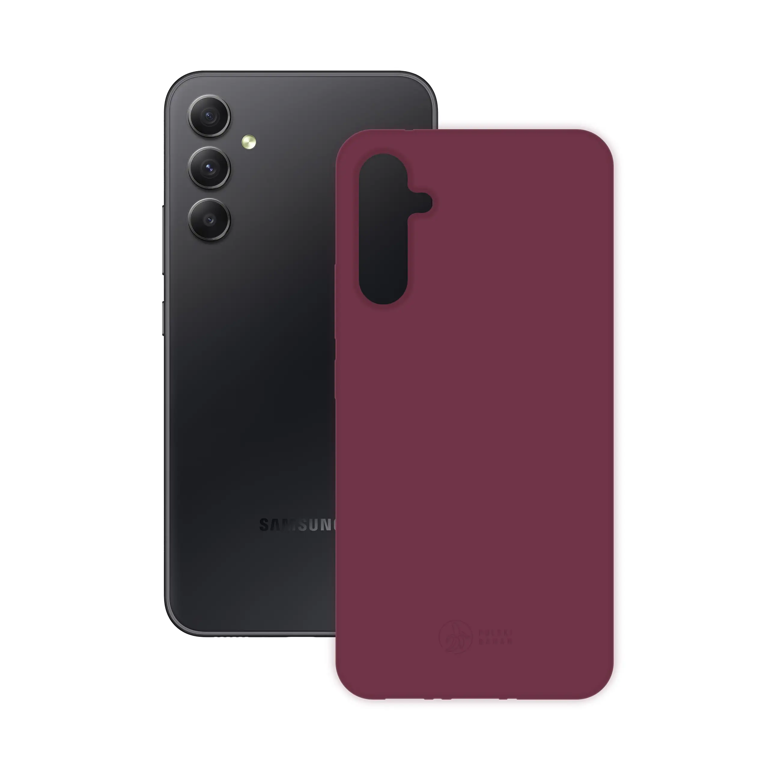 Etui silikonowe matowe wiśniowe Polski Banan obok telefonu Samsung Galaxy A34 / A34 5G