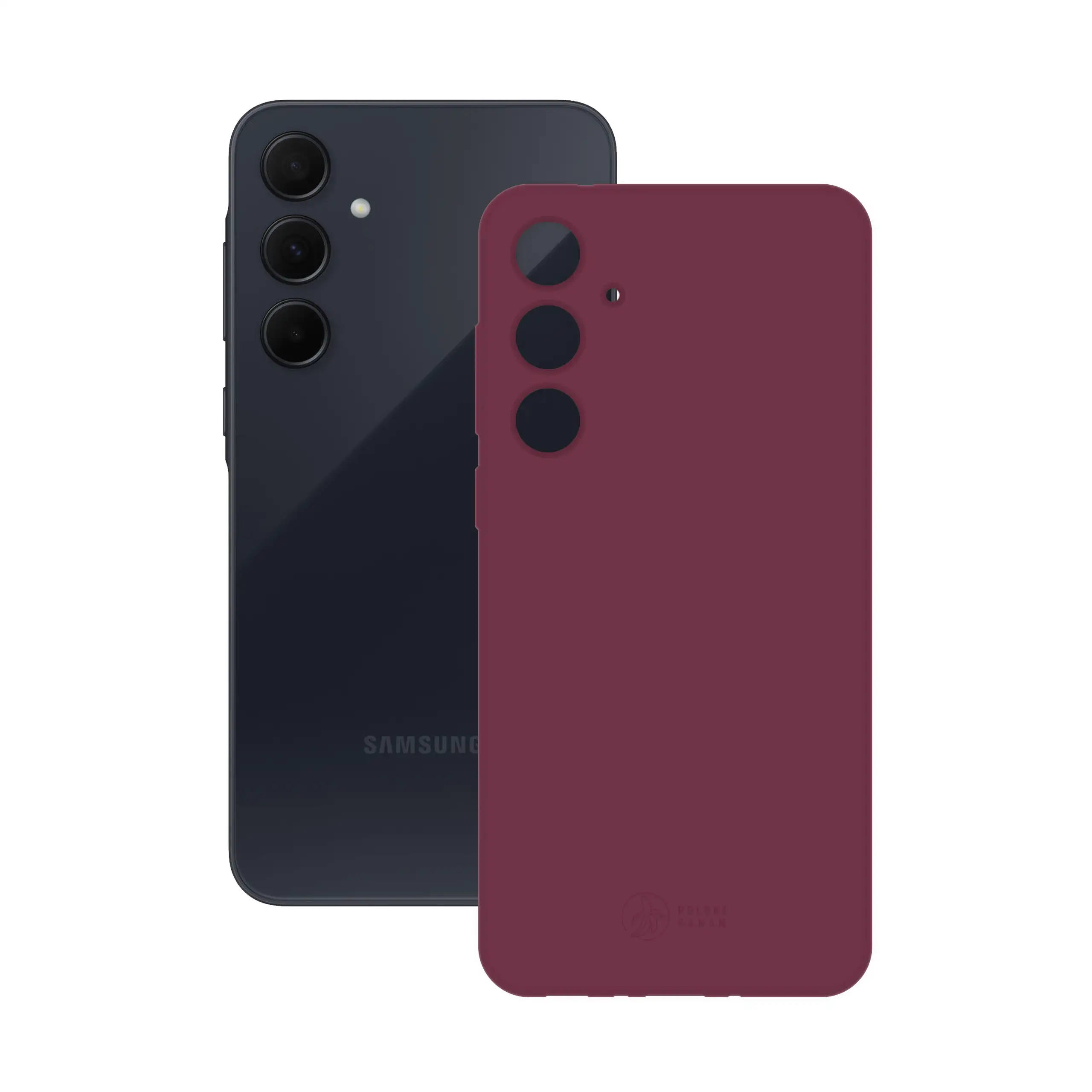 Etui silikonowe matowe wiśniowe Polski Banan obok telefonu Samsung Galaxy A35 5G