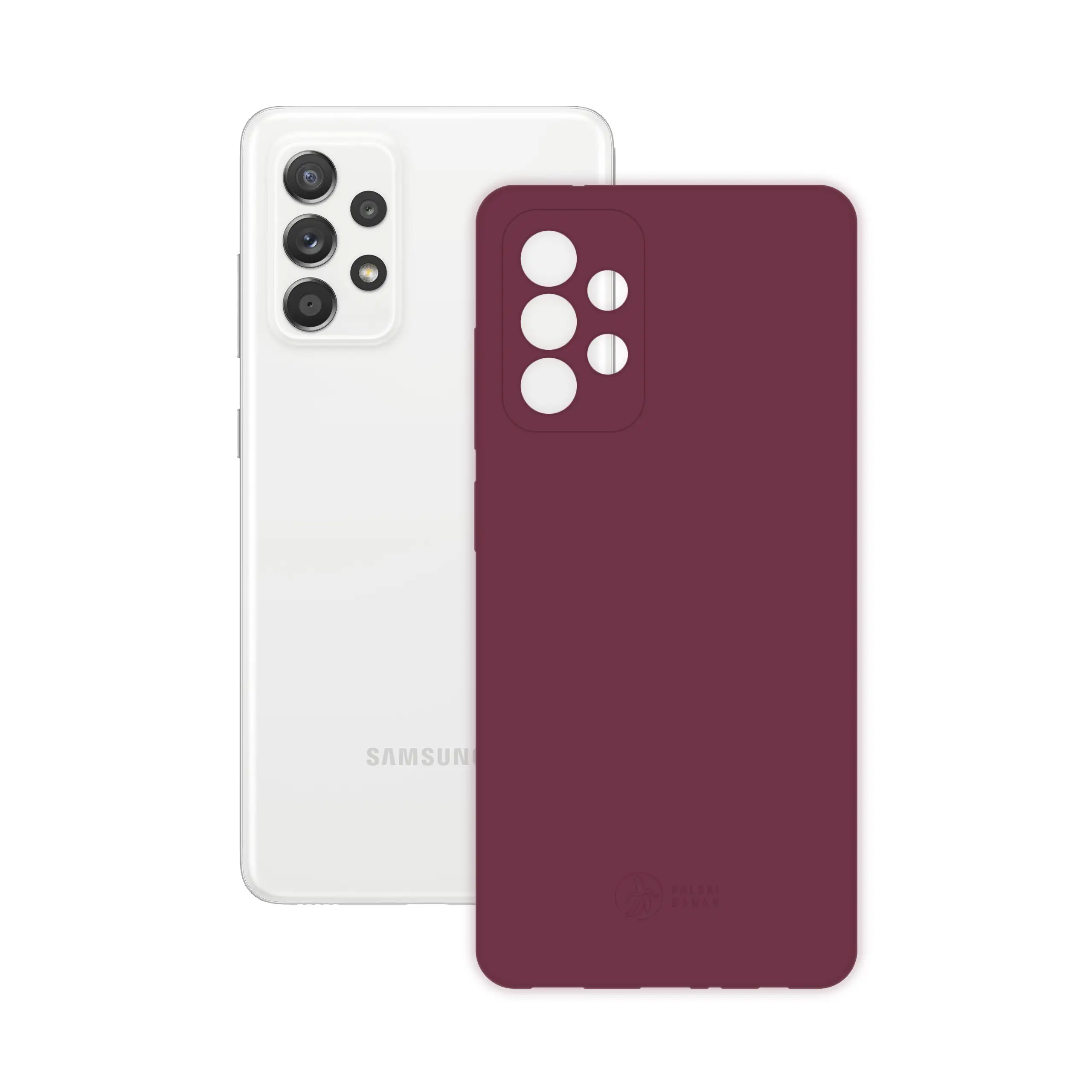 Etui silikonowe matowe wiśniowe Polski Banan obok telefonu Samsung Galaxy A52 / A52s