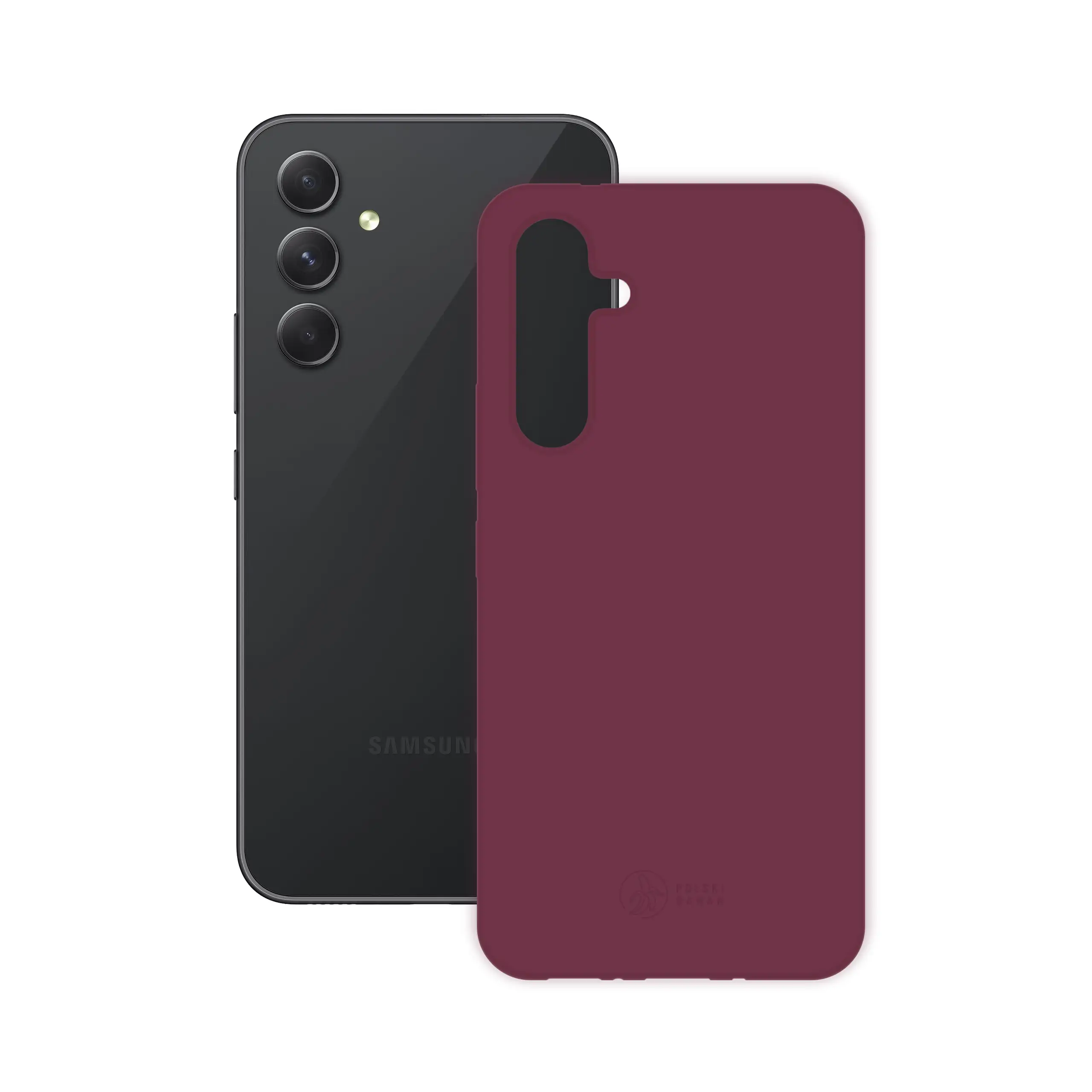 Etui silikonowe matowe wiśniowe Polski Banan obok telefonu Samsung Galaxy A54
