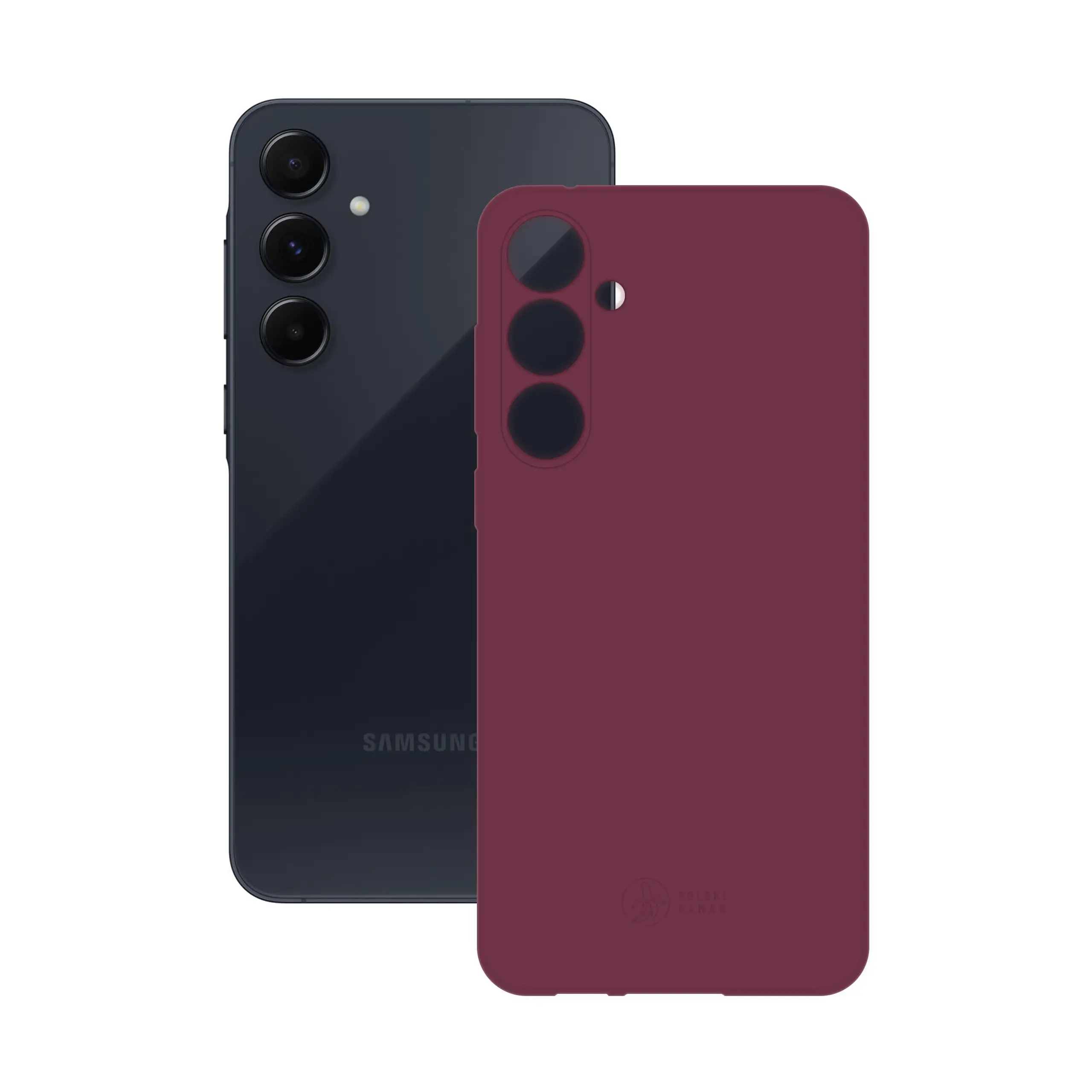 Etui silikonowe matowe wiśniowe Polski Banan obok telefonu Samsung Galaxy A55 5G