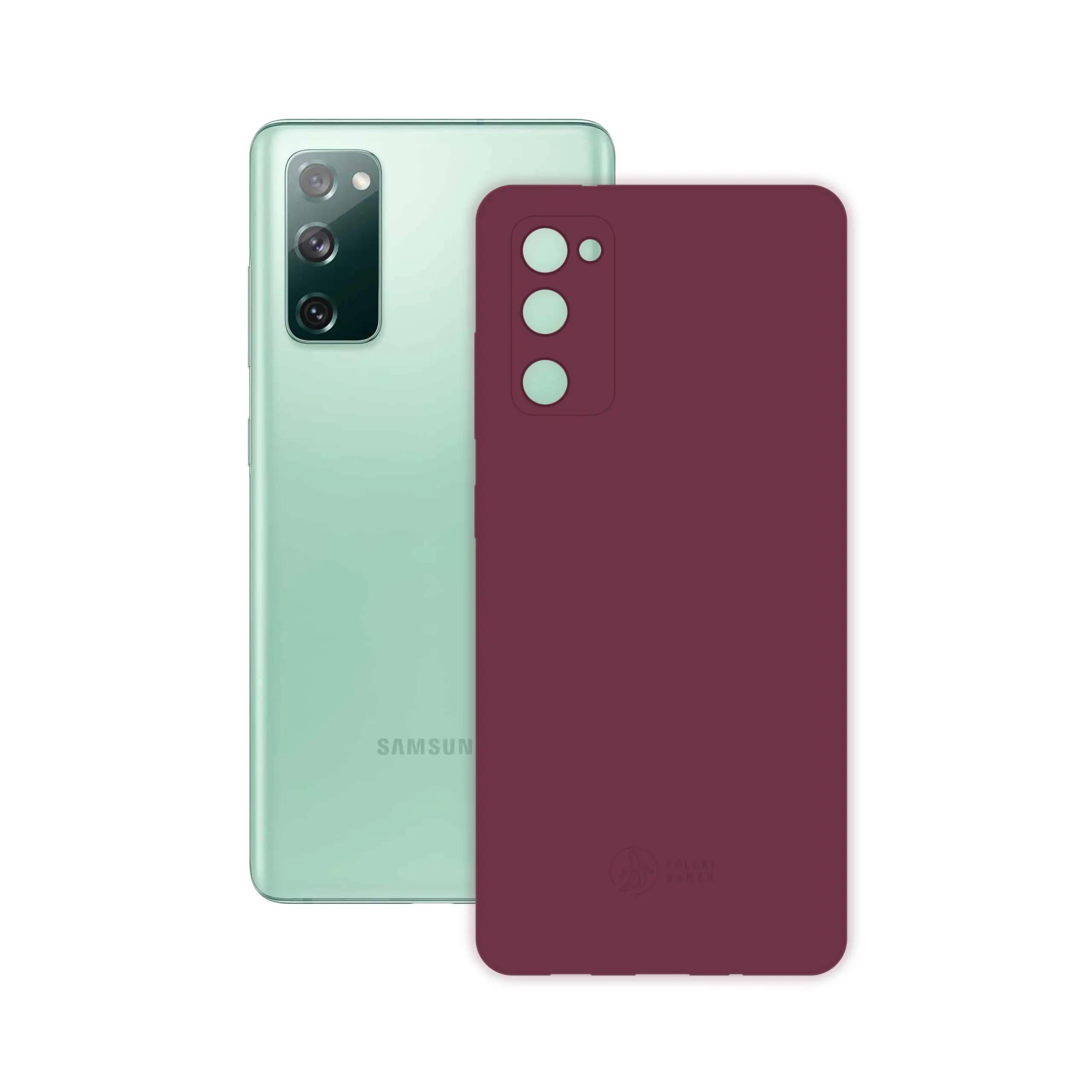 Etui silikonowe matowe wiśniowe Polski Banan obok telefonu Samsung Galaxy S20 FE