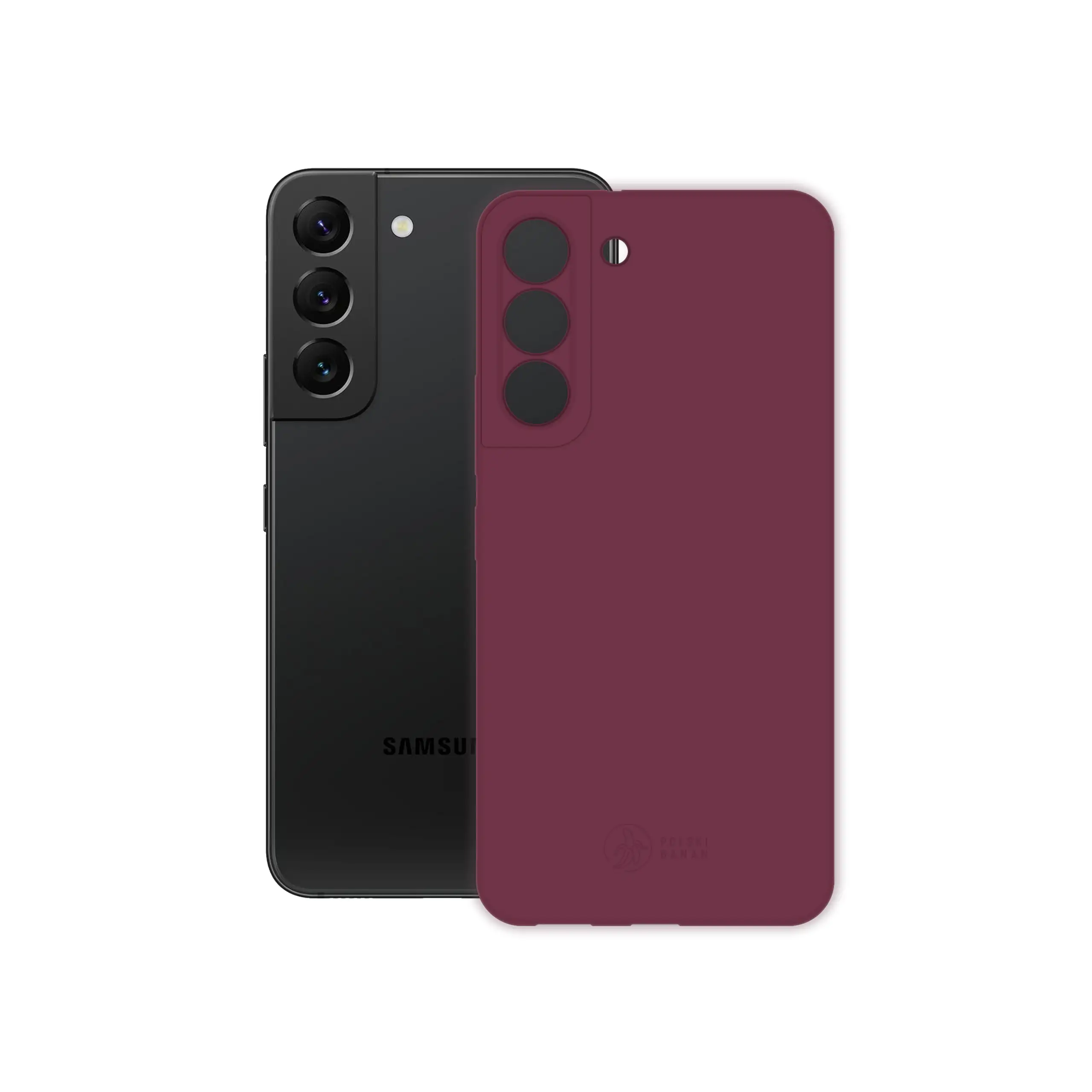 Etui silikonowe matowe wiśniowe Polski Banan obok telefonu Samsung Galaxy S22