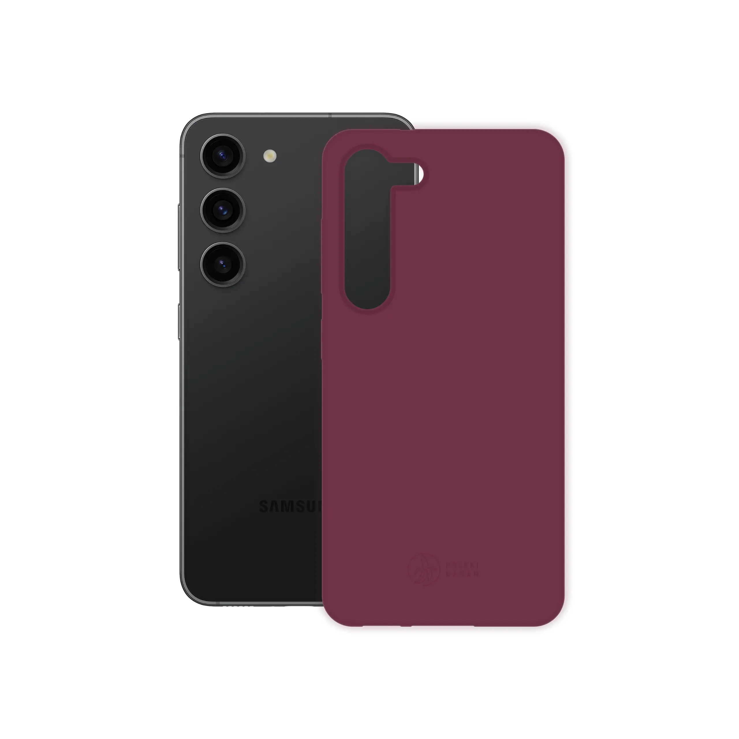 Etui silikonowe matowe wiśniowe Polski Banan obok telefonu Samsung Galaxy S23