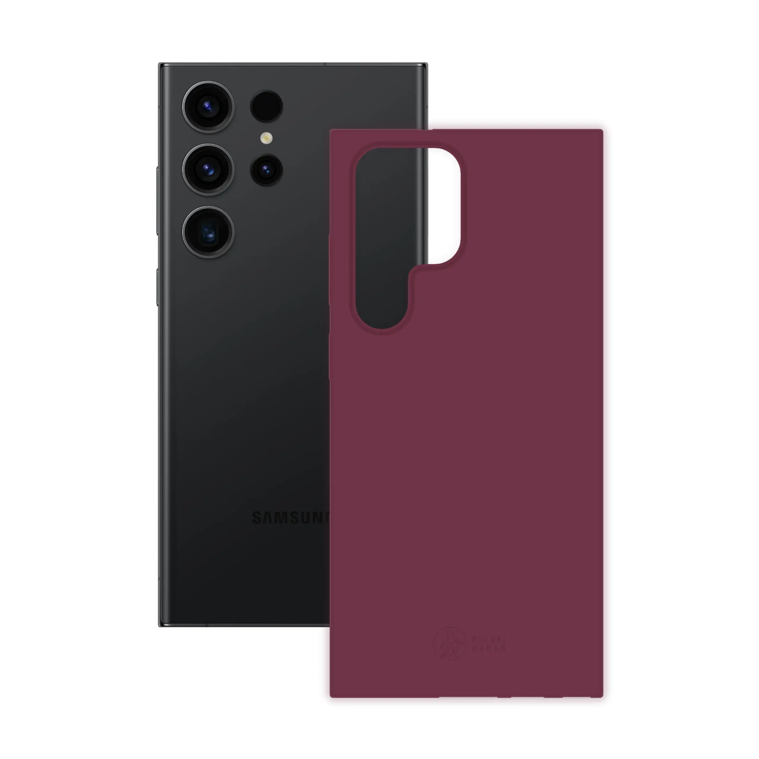 Etui silikonowe matowe wiśniowe Polski Banan obok telefonu Samsung Galaxy S23 Ultra