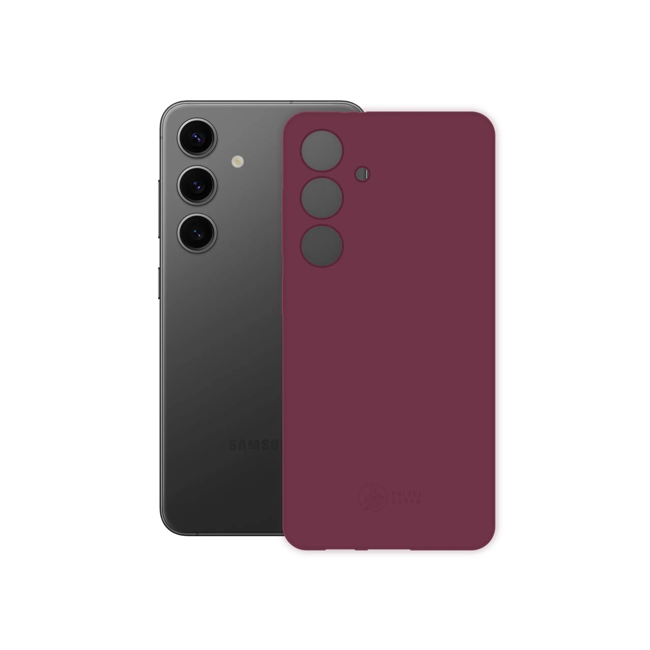 Etui silikonowe matowe wiśniowe Polski Banan obok telefonu Samsung Galaxy S24