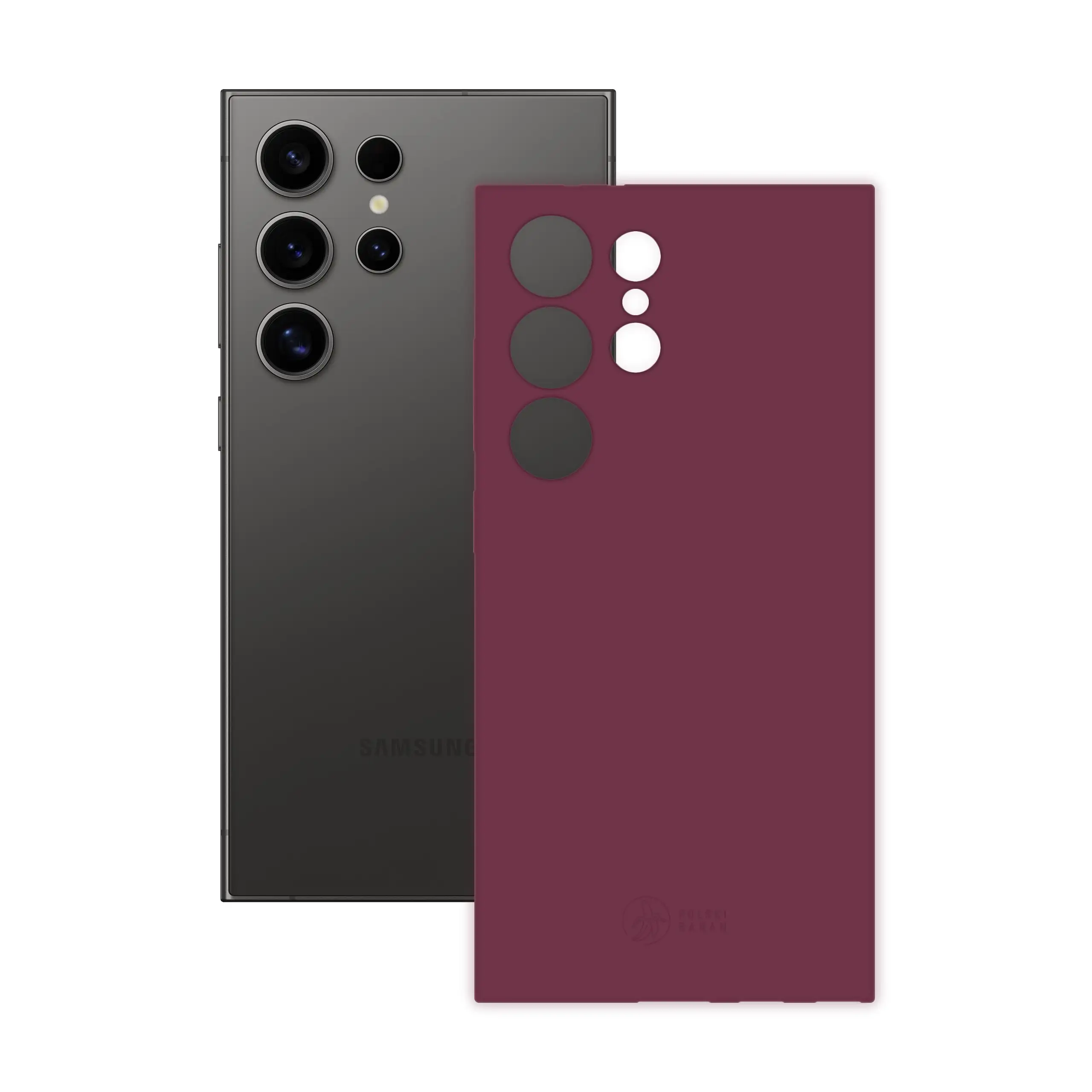 Etui silikonowe matowe wiśniowe Polski Banan obok telefonu Samsung Galaxy S24 Ultra