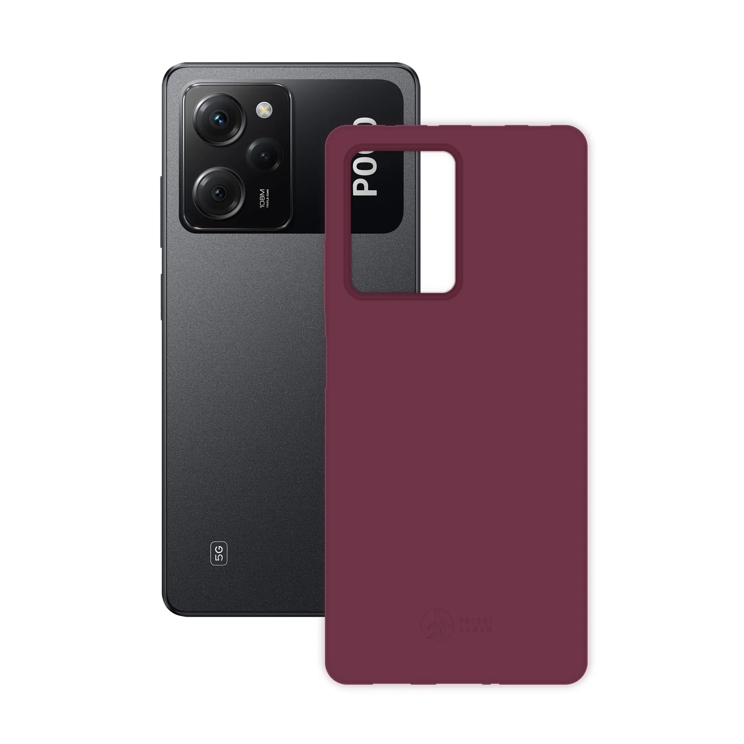 Etui silikonowe matowe wiśniowe Polski Banan obok telefonu Xiaomi POCO X5 Pro