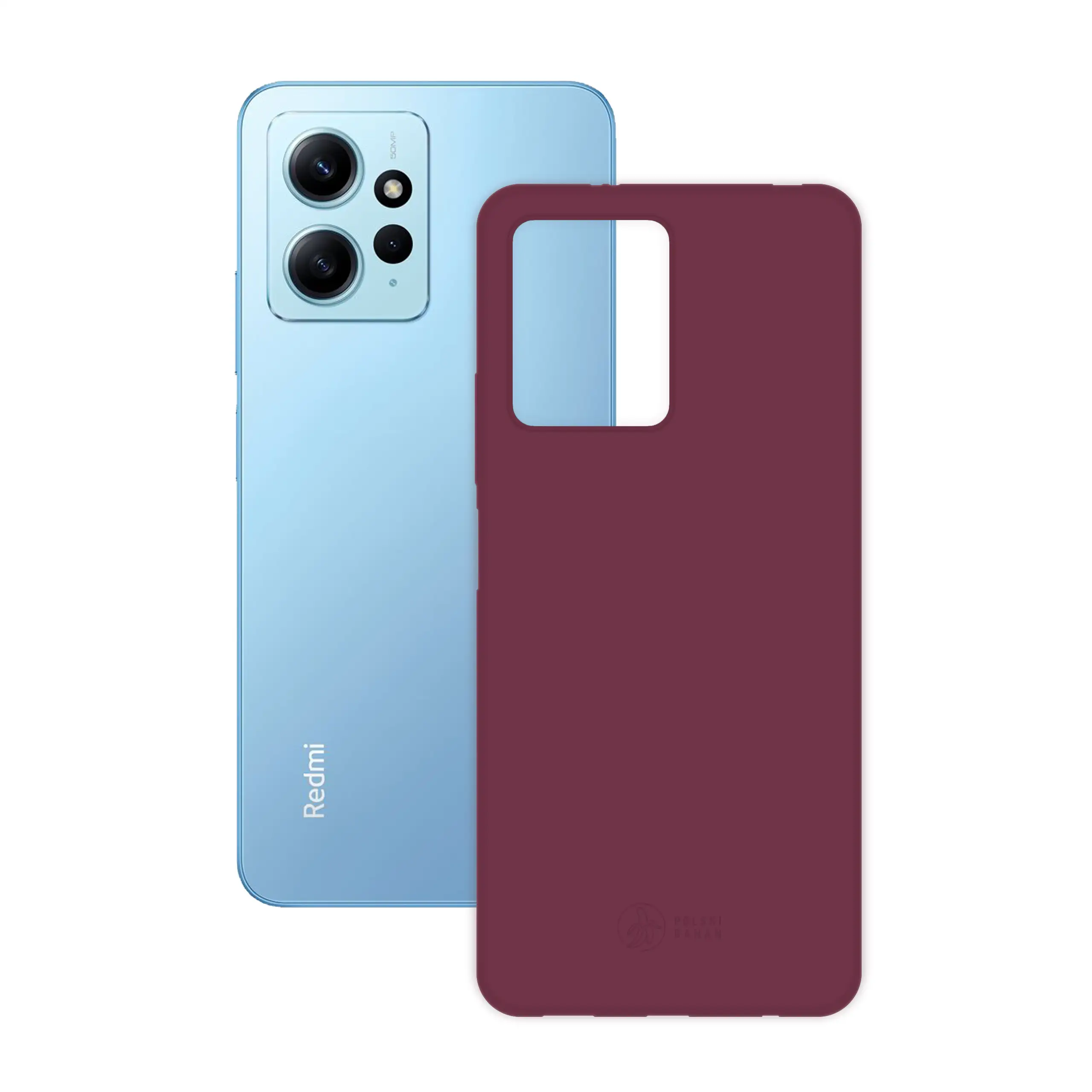 Etui silikonowe matowe wiśniowe Polski Banan obok telefonu Xiaomi Redmi Note 12 4G