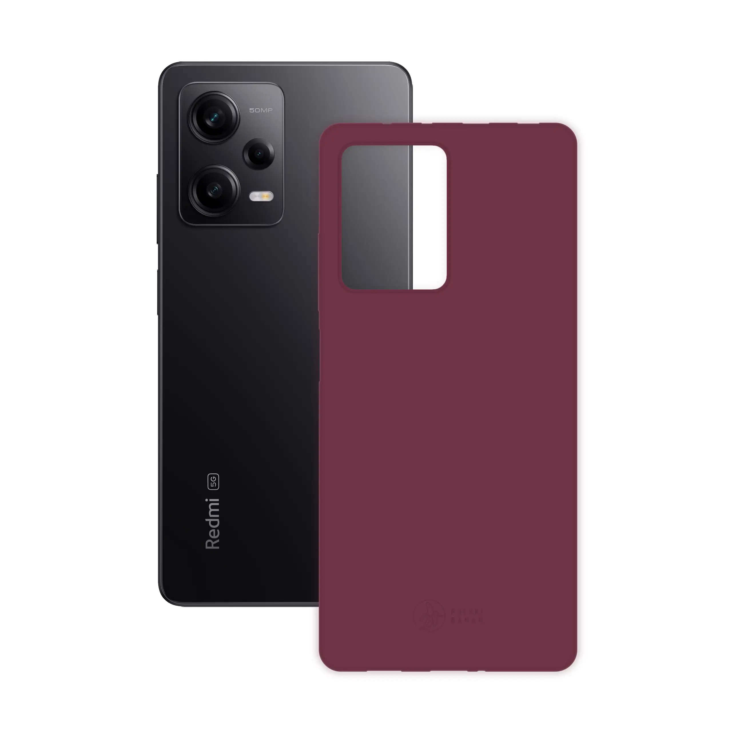Etui silikonowe matowe wiśniowe Polski Banan obok telefonu Xiaomi Redmi Note 12 Pro