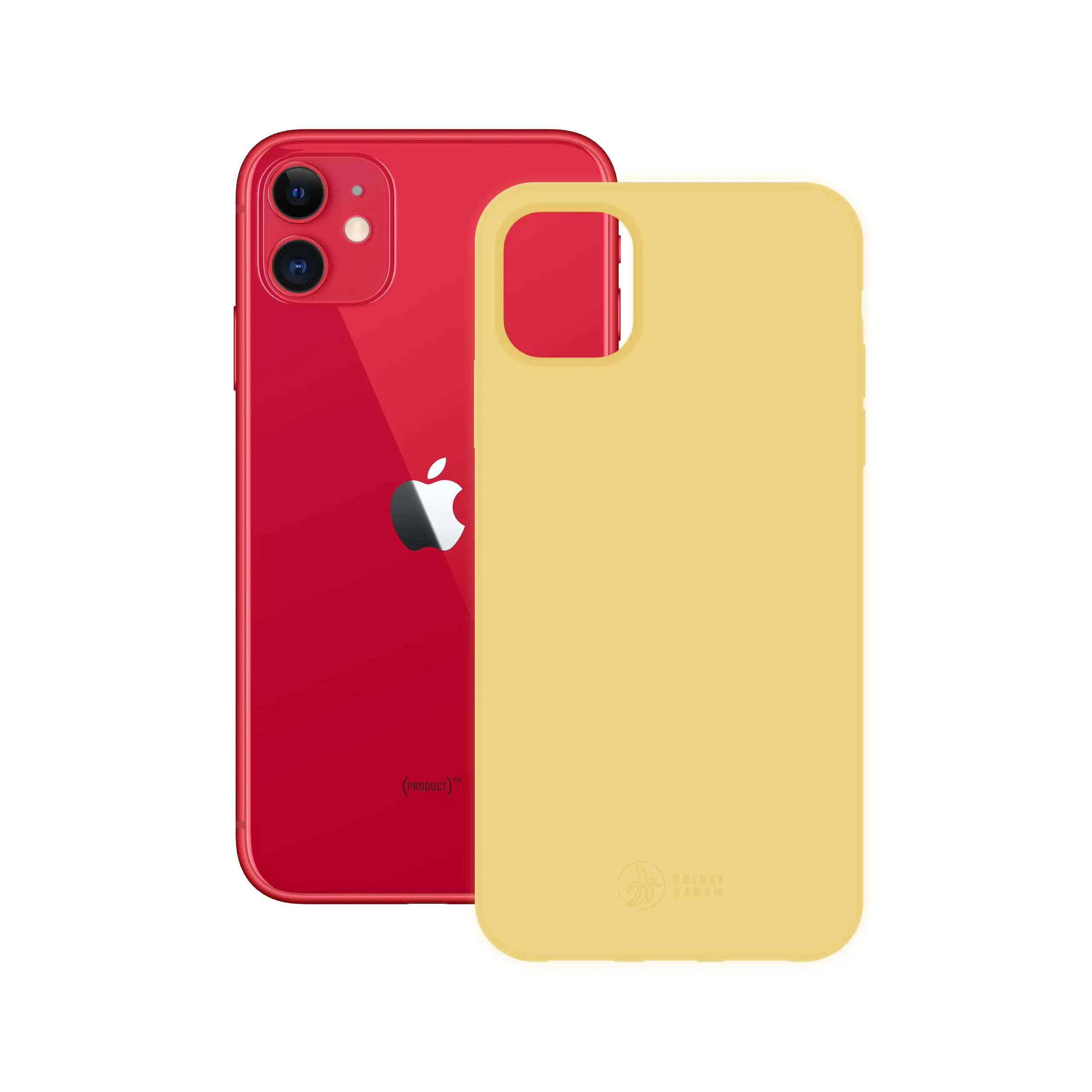 Etui silikonowe matowe żółte Polski Banan obok telefonu Apple iPhone 11
