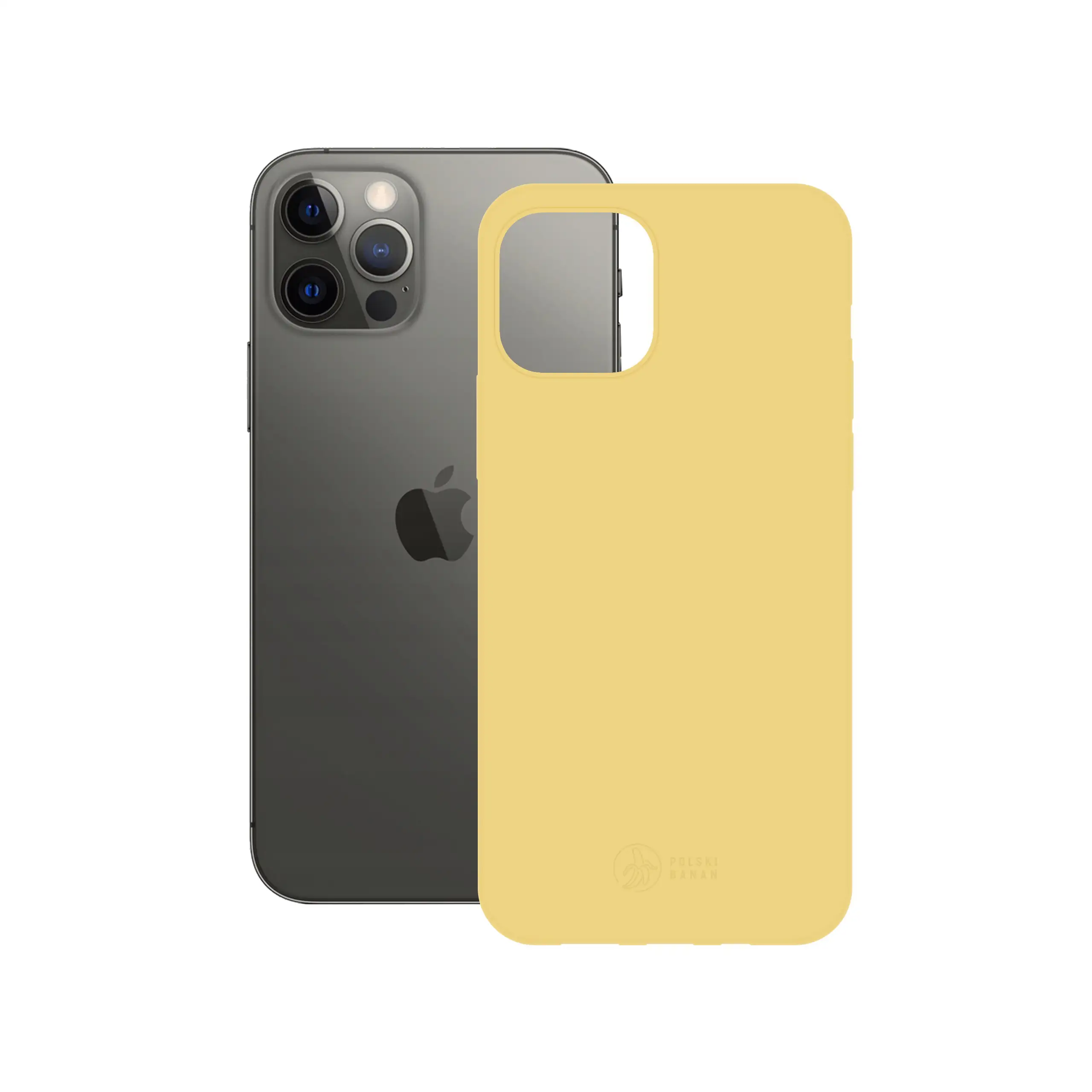 Etui silikonowe matowe żółte Polski Banan obok telefonu Apple iPhone 12 / 12 Pro