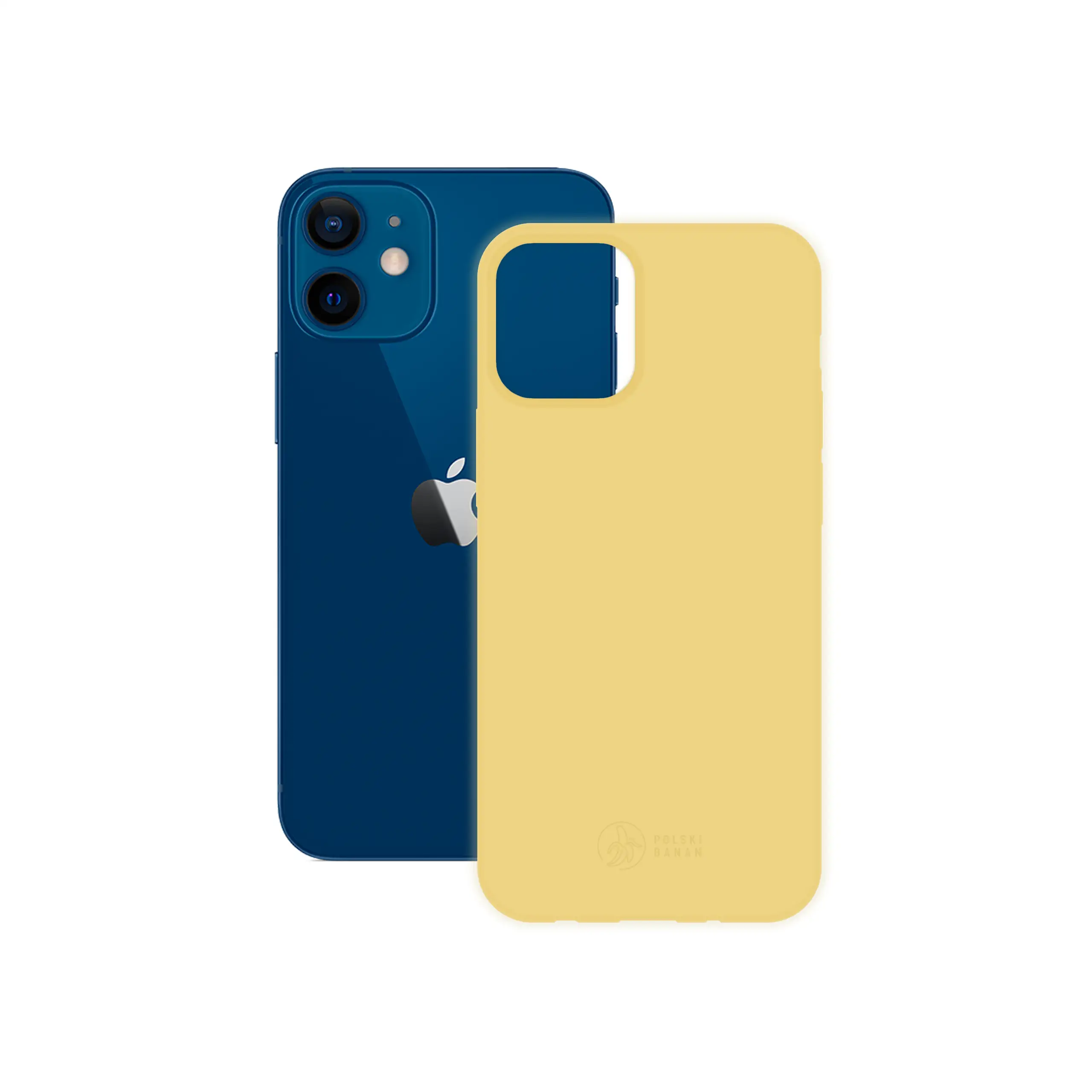 Etui silikonowe matowe żółte Polski Banan obok telefonu Apple iPhone 12 mini