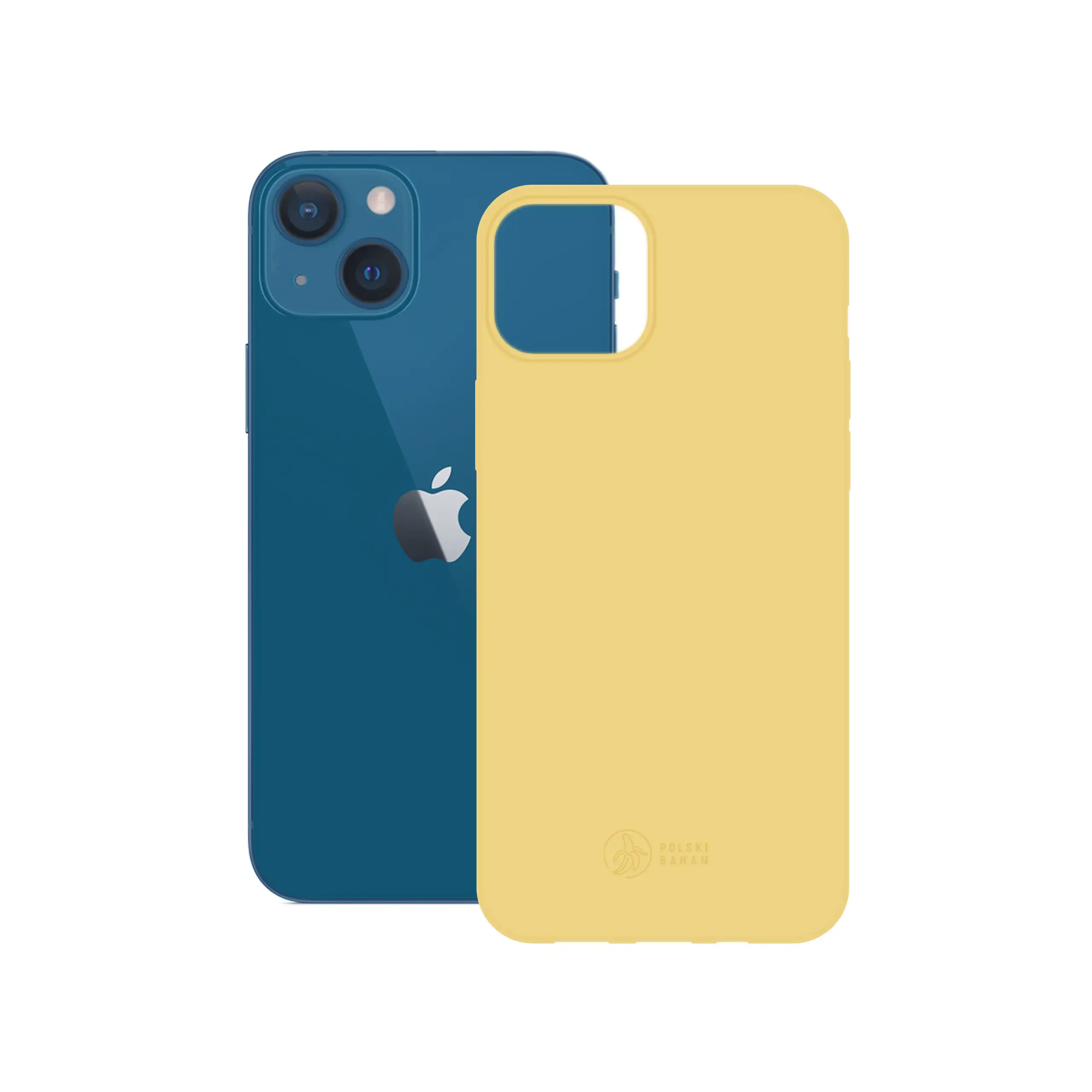 Etui silikonowe matowe żółte Polski Banan obok telefonu Apple iPhone 13