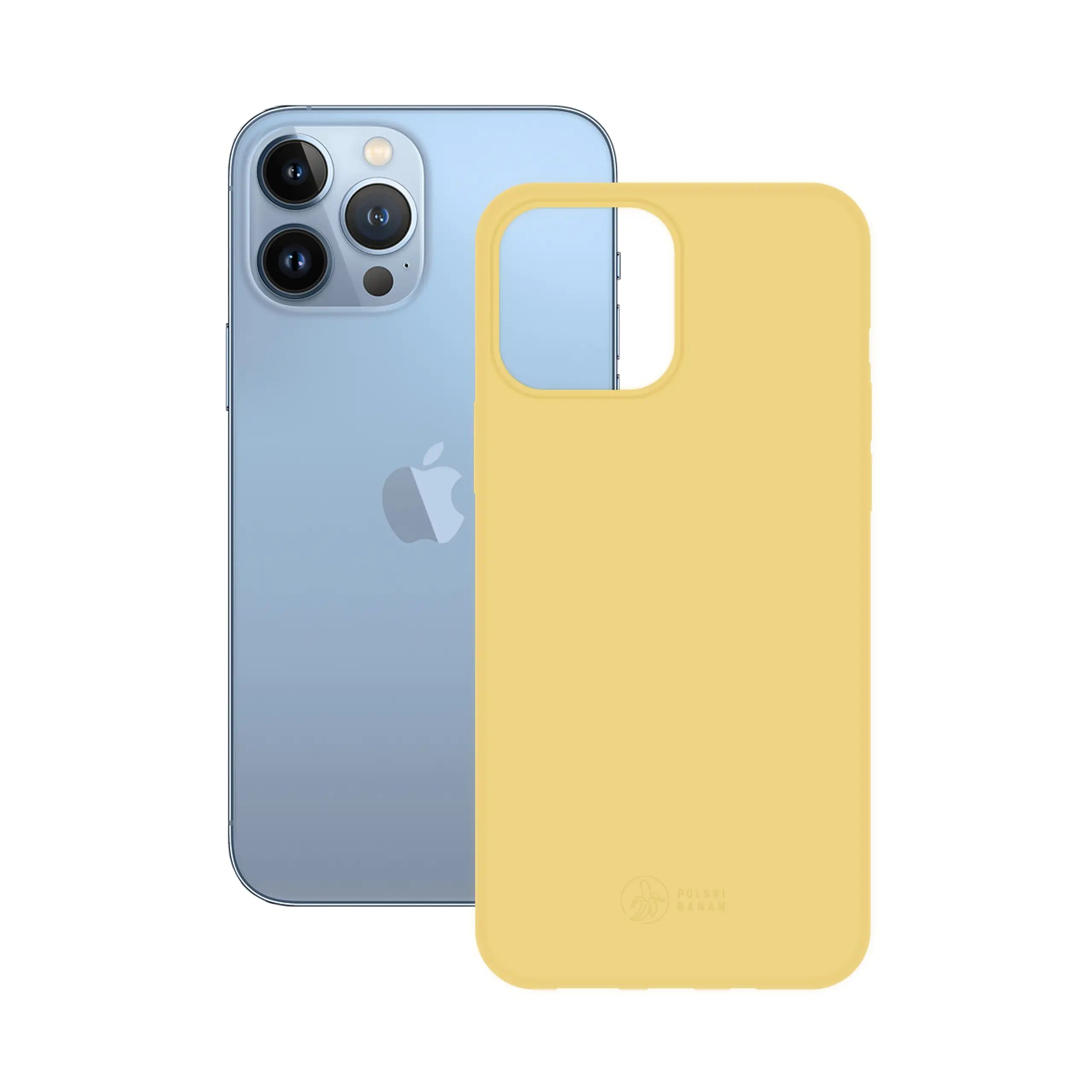Etui silikonowe matowe żółte Polski Banan obok telefonu Apple iPhone 13 Pro Max