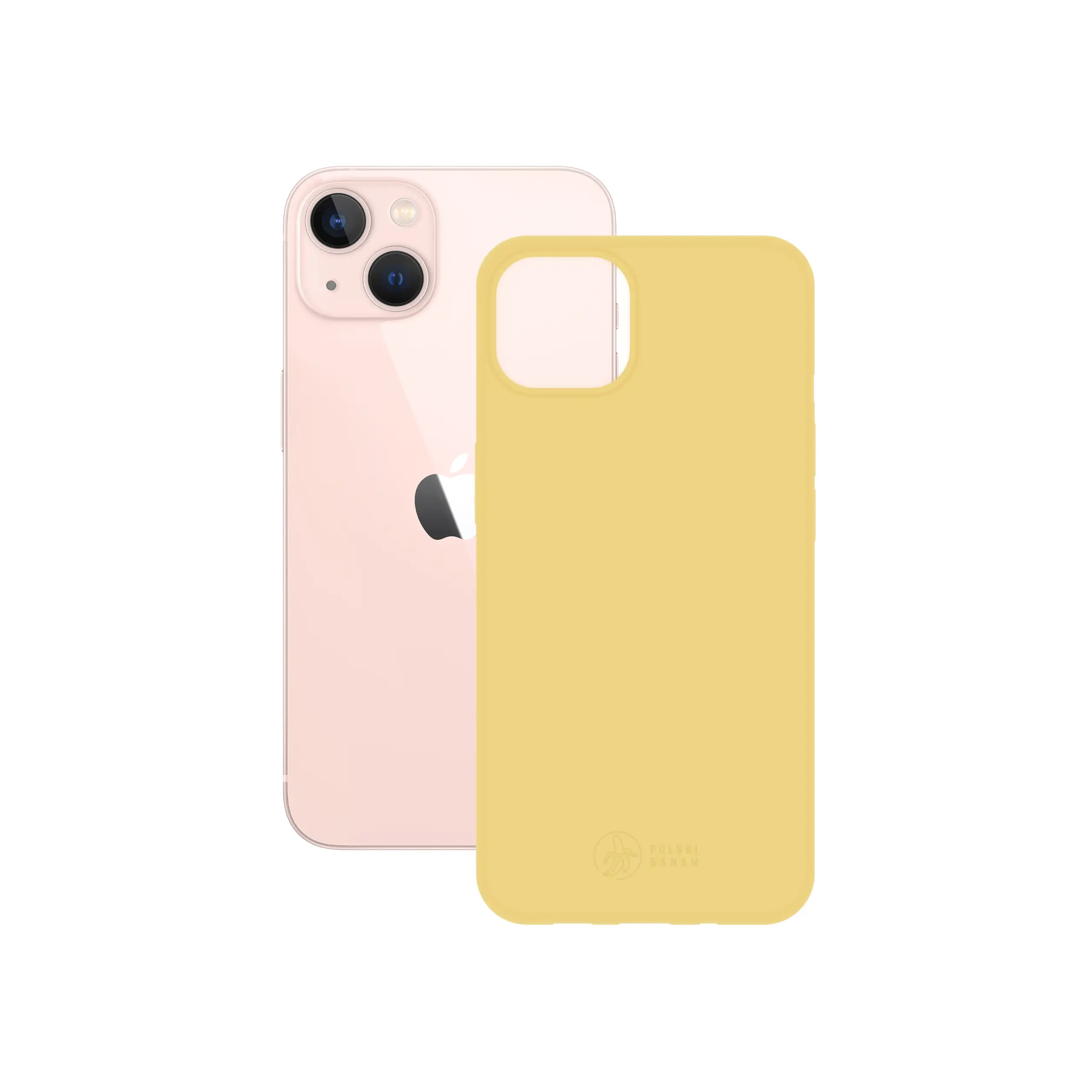 Etui silikonowe matowe żółte Polski Banan obok telefonu Apple iPhone 13 mini