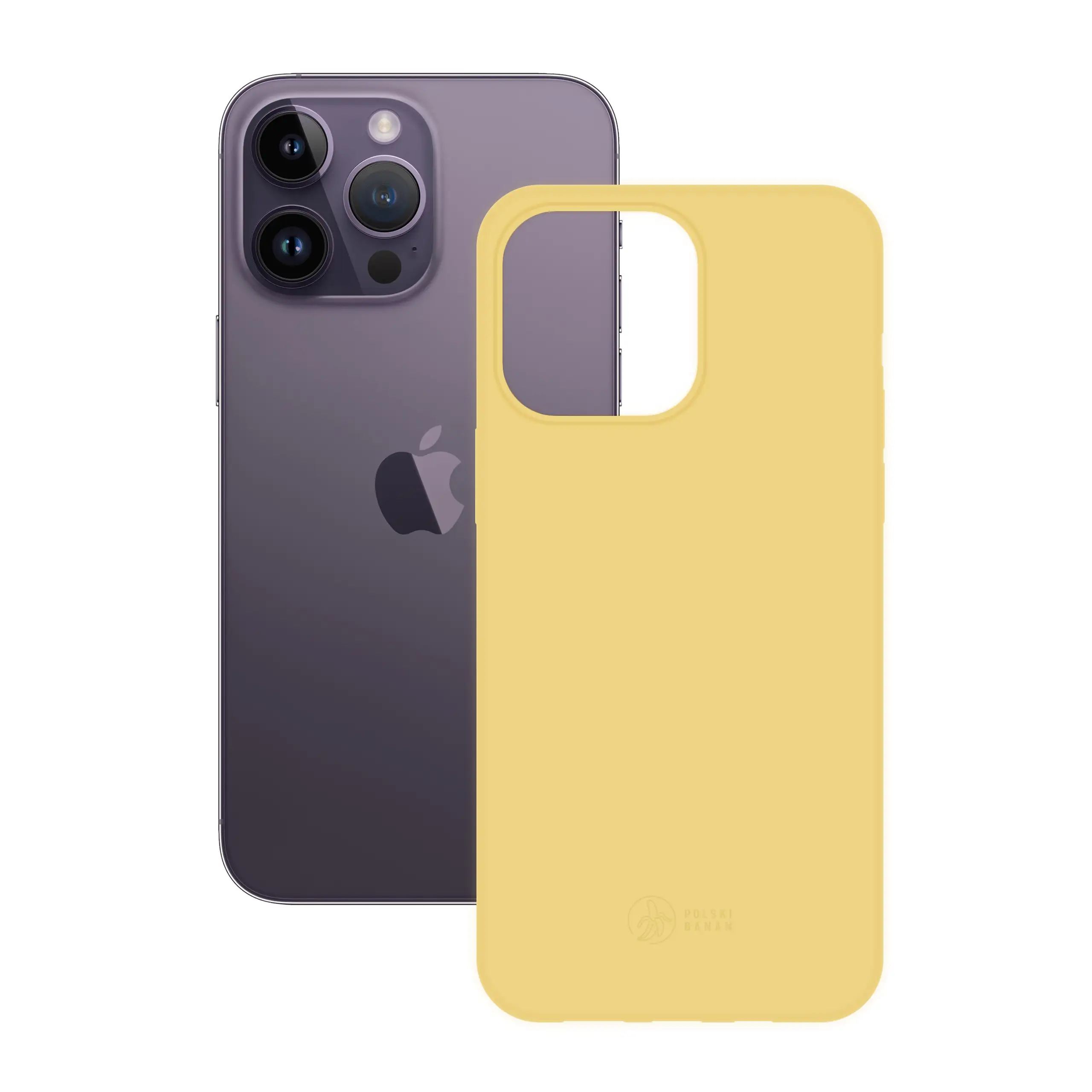 Etui silikonowe matowe żółte Polski Banan obok telefonu Apple iPhone 14 Pro Max