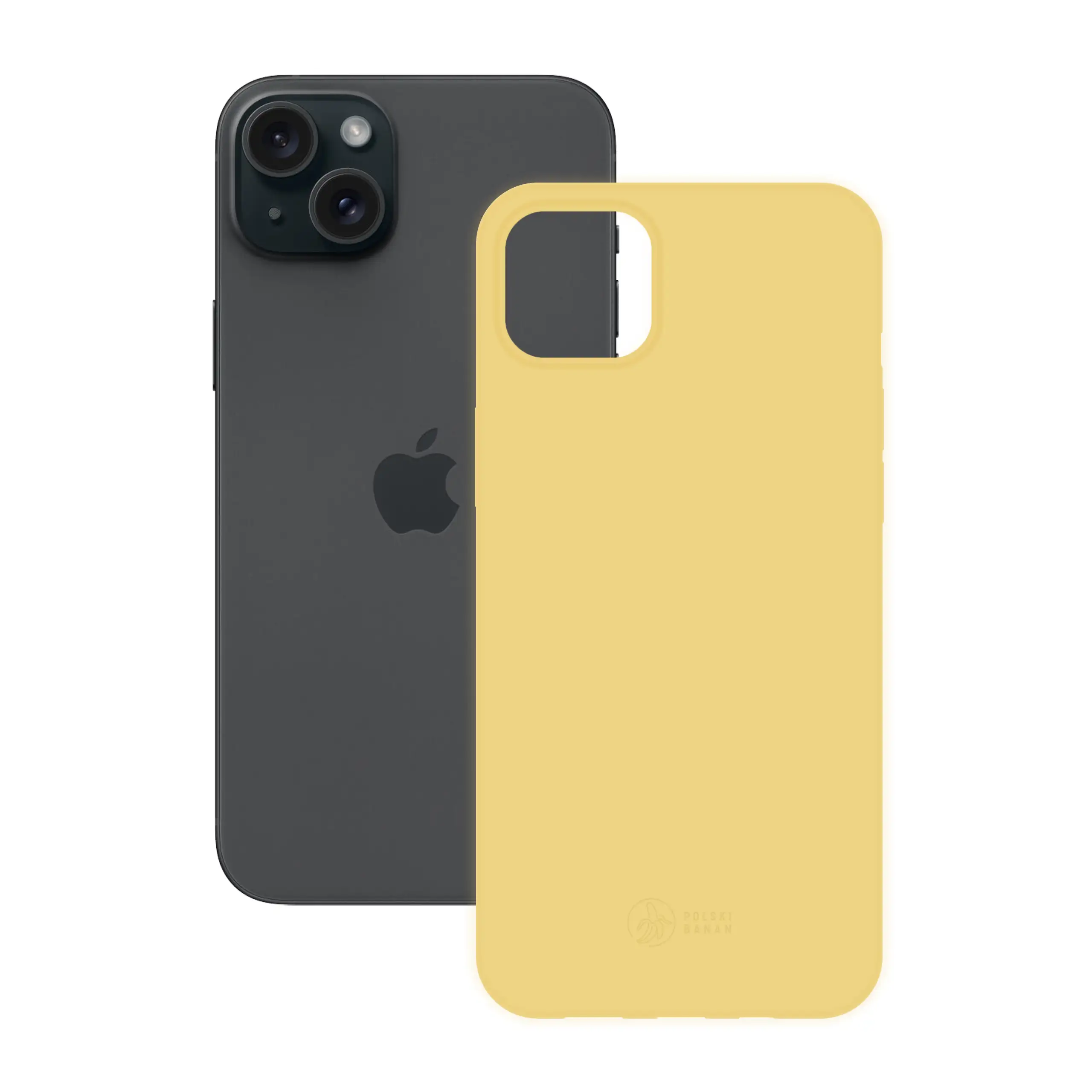Etui silikonowe matowe żółte Polski Banan obok telefonu Apple iPhone 15 Plus