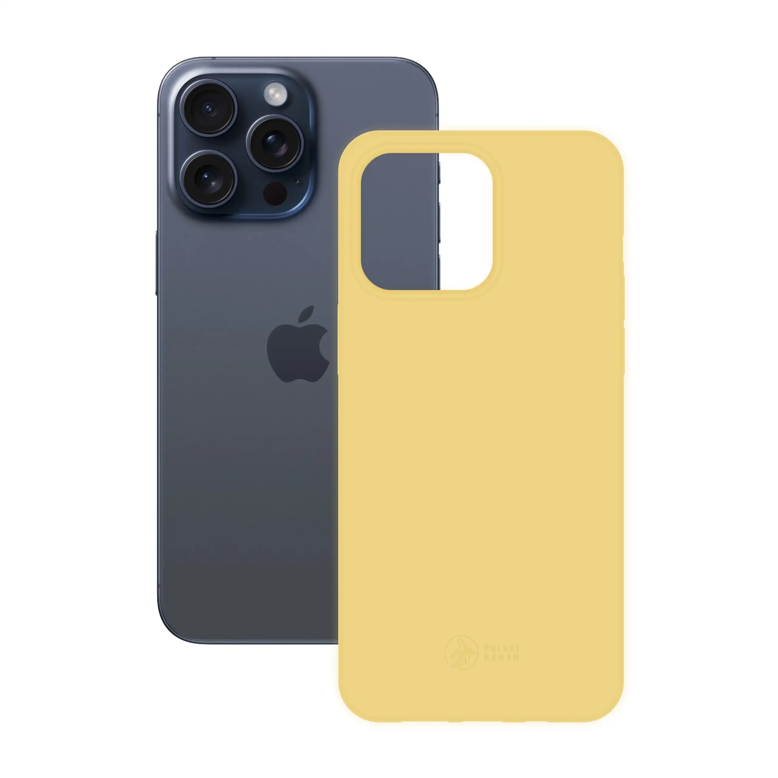 Etui silikonowe matowe żółte Polski Banan obok telefonu Apple iPhone 15 Pro Max