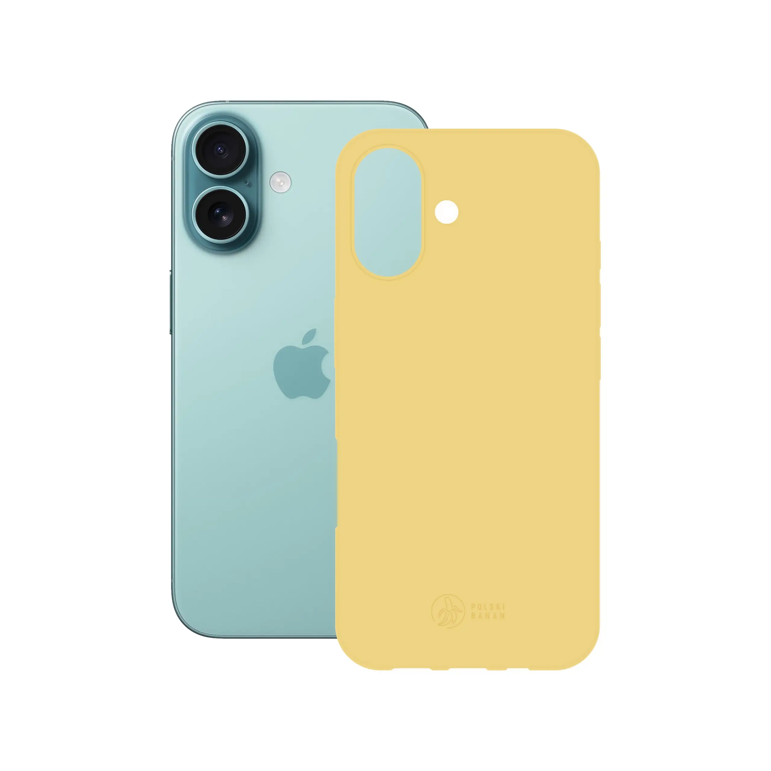 Etui silikonowe matowe żółte Polski Banan obok telefonu Apple iPhone 16