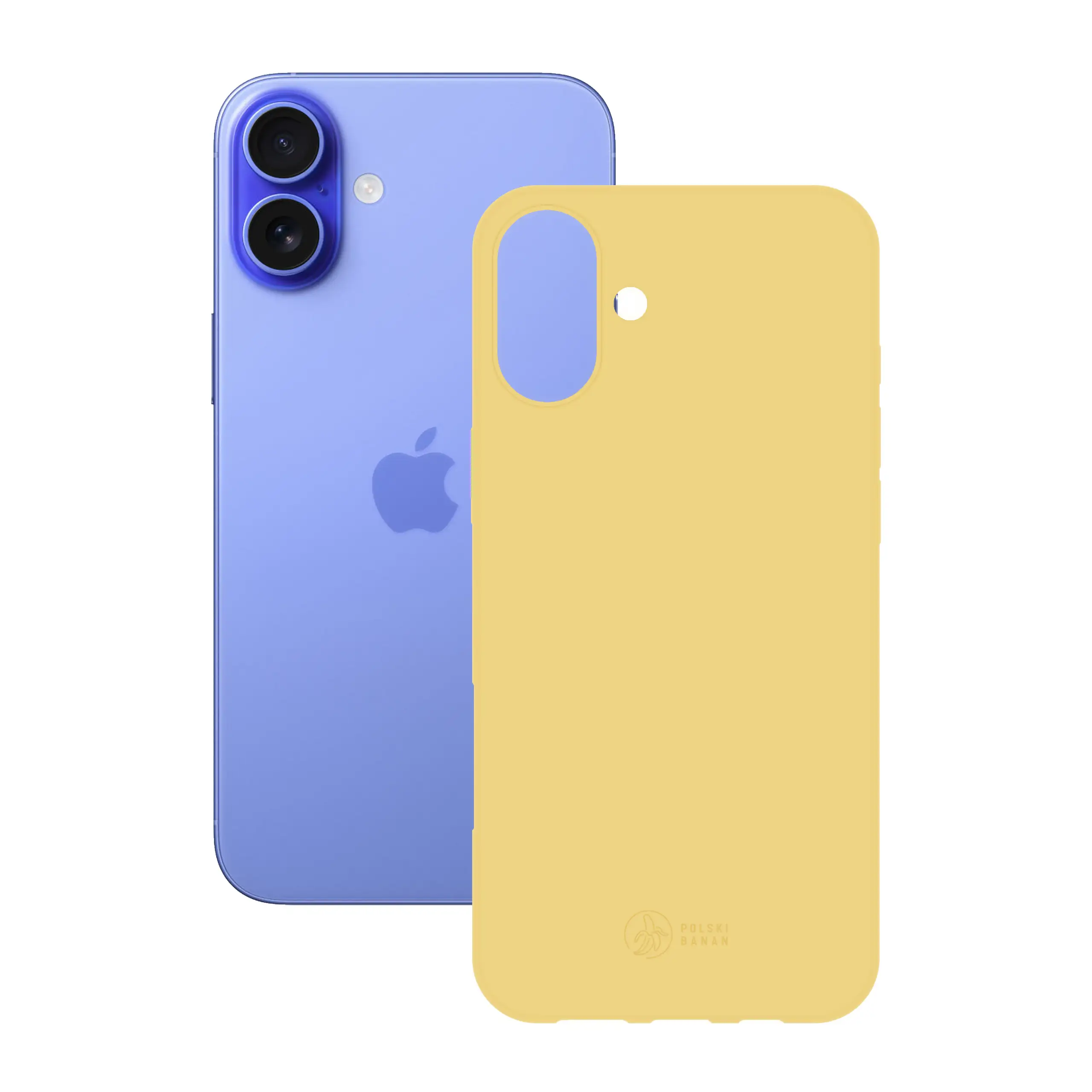 Etui silikonowe matowe żółte Polski Banan obok telefonu Apple iPhone 16 Plus