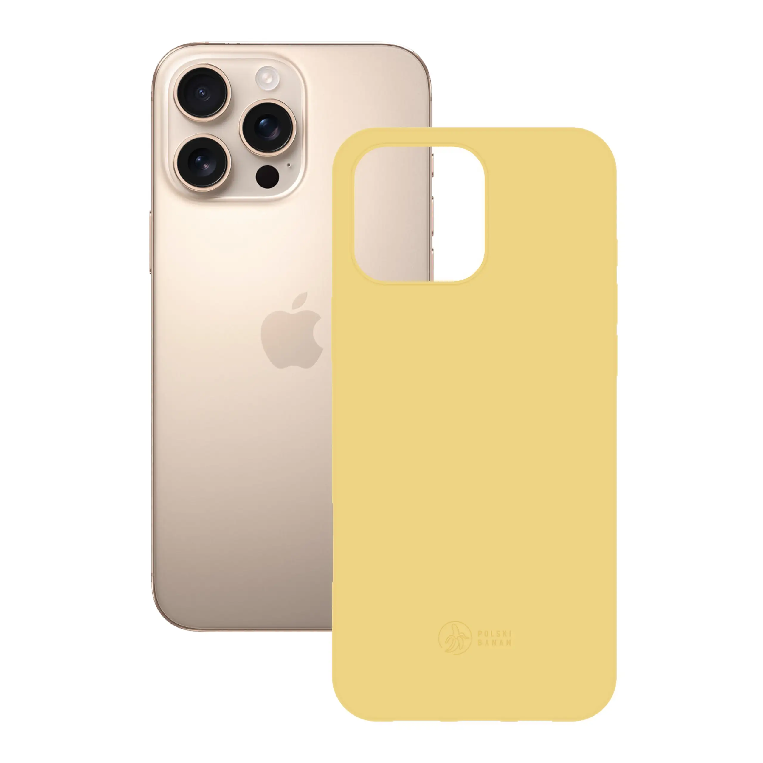 Etui silikonowe matowe żółte Polski Banan obok telefonu Apple iPhone 16 Pro Max
