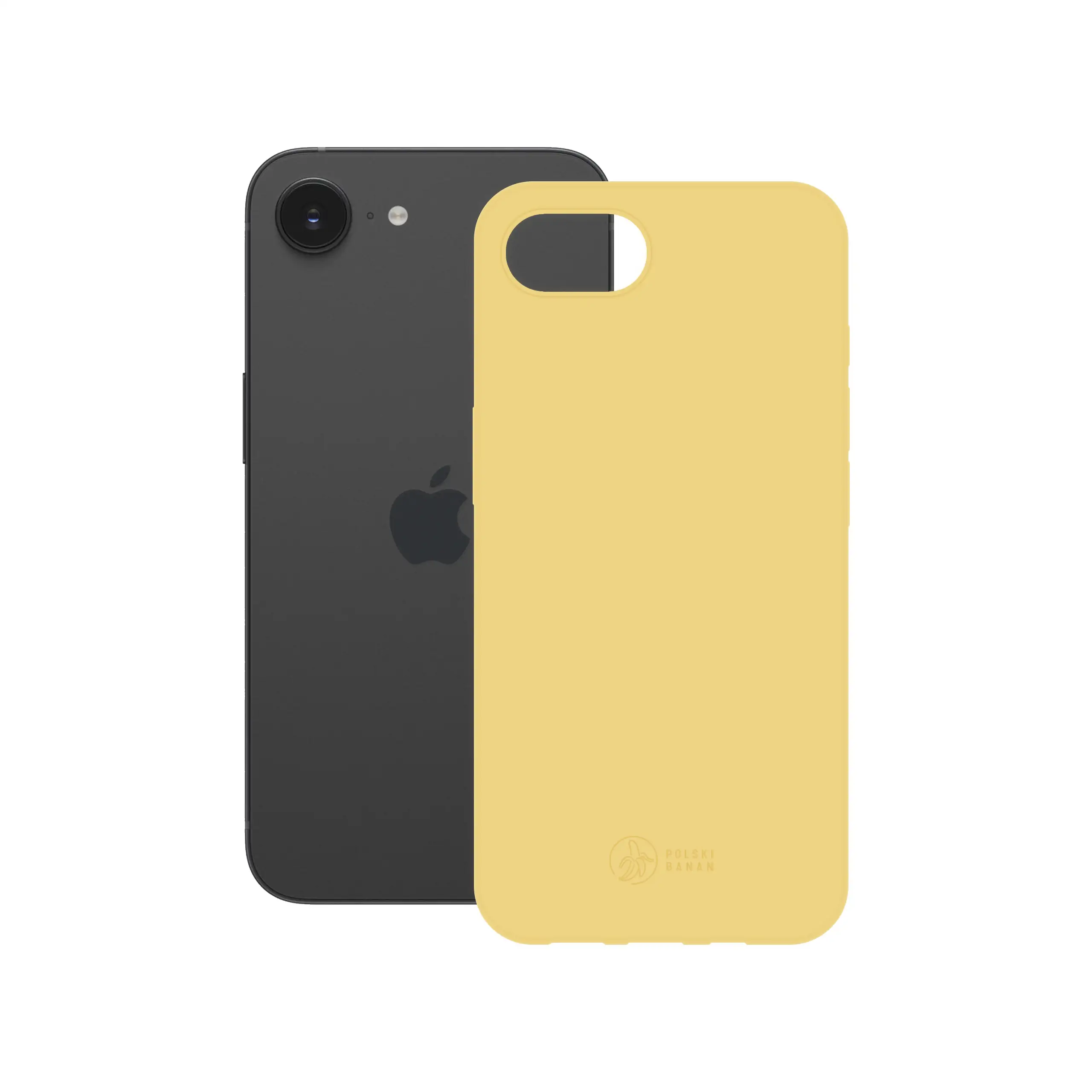 Etui silikonowe matowe żółte Polski Banan obok telefonu Apple iPhone 16e