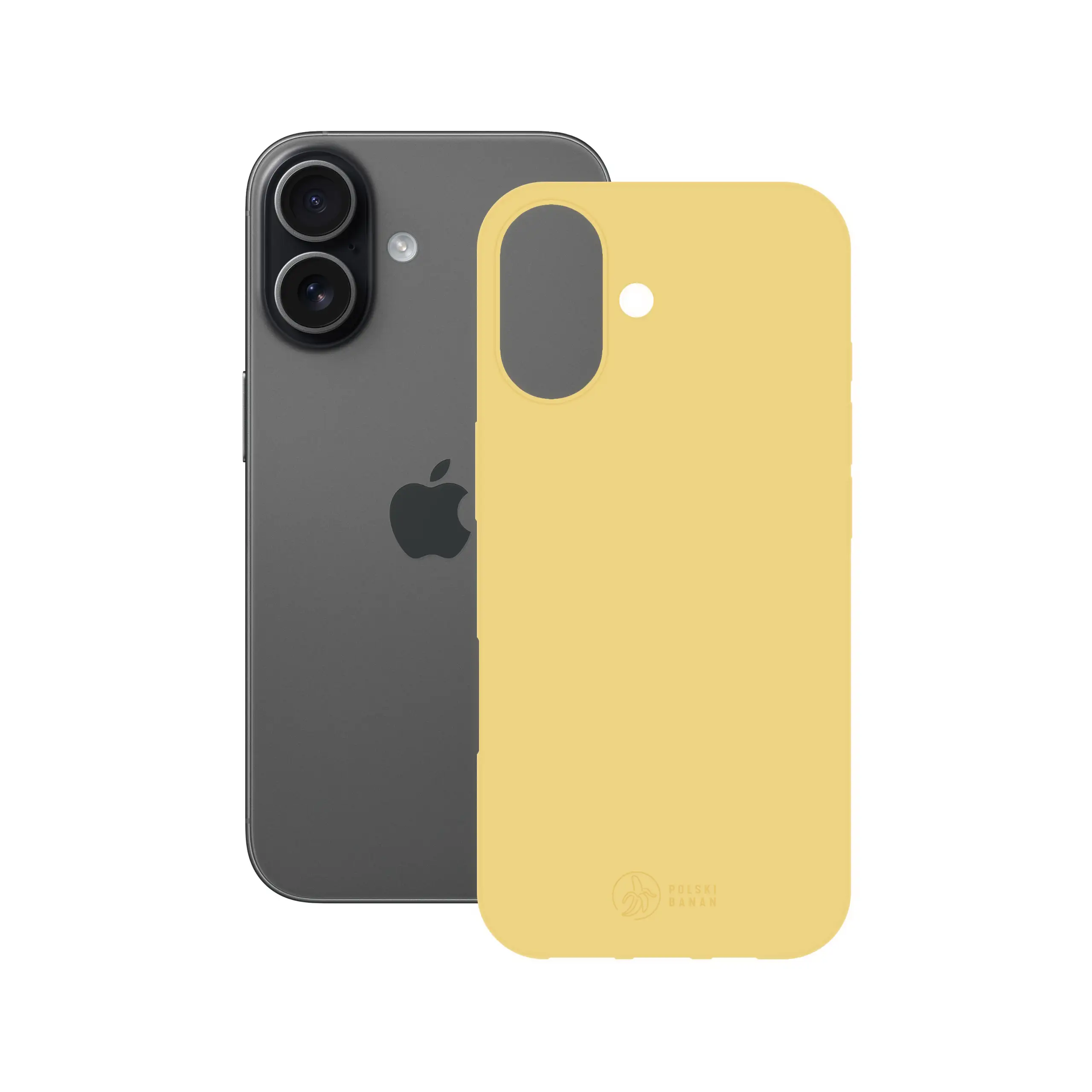 Etui silikonowe matowe żółte Polski Banan obok telefonu Apple iPhone 17