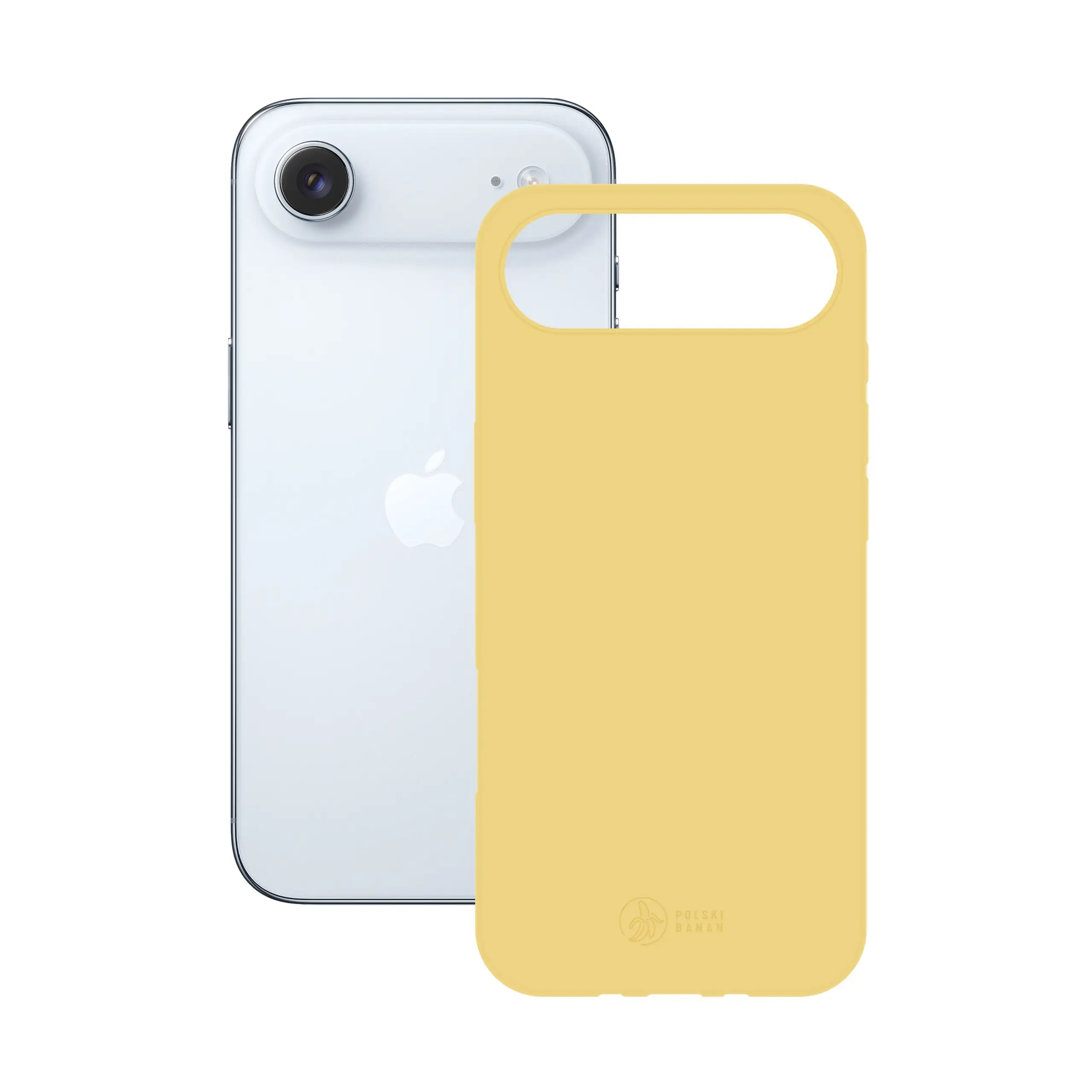 Etui silikonowe matowe żółte Polski Banan obok telefonu Apple iPhone 17 Air