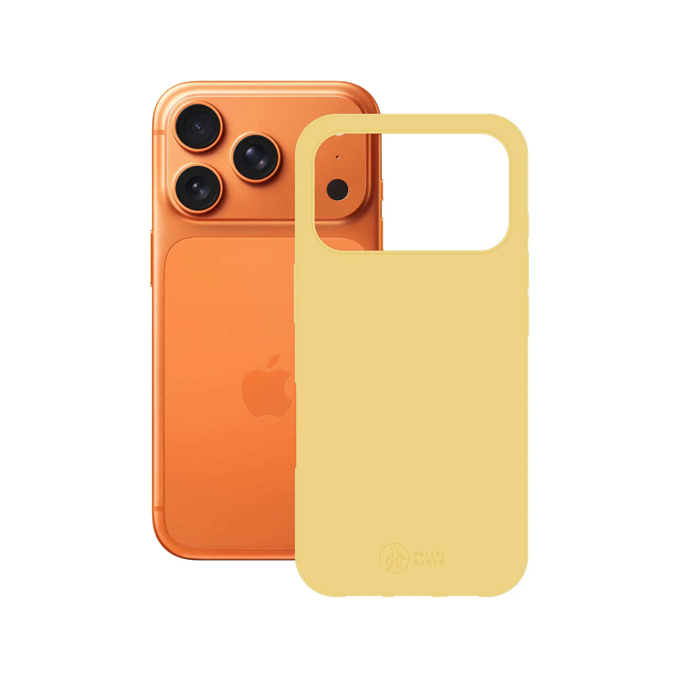 Etui silikonowe matowe żółte Polski Banan obok telefonu Apple iPhone 17 Pro