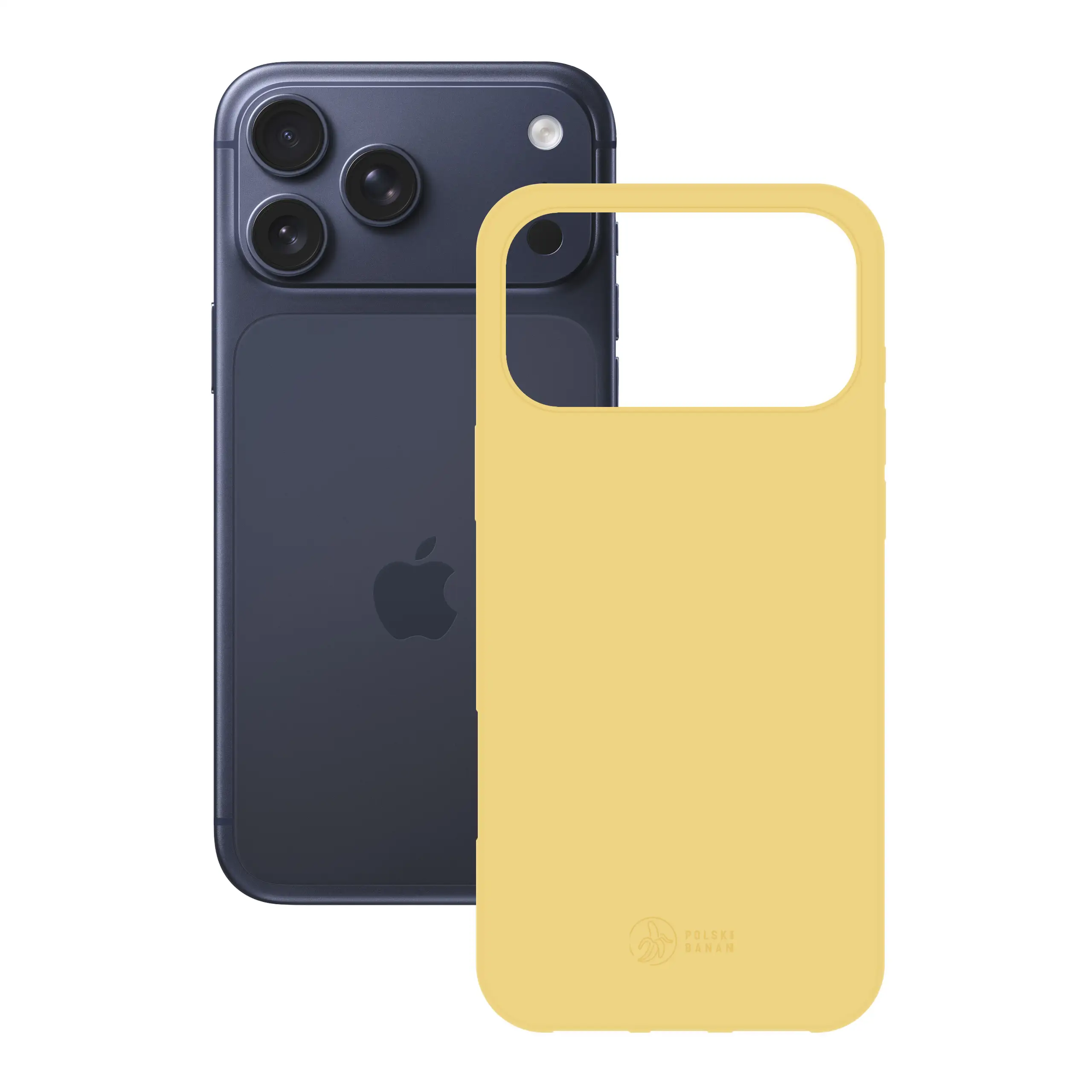 Etui silikonowe matowe żółte Polski Banan obok telefonu Apple iPhone 17 Pro Max