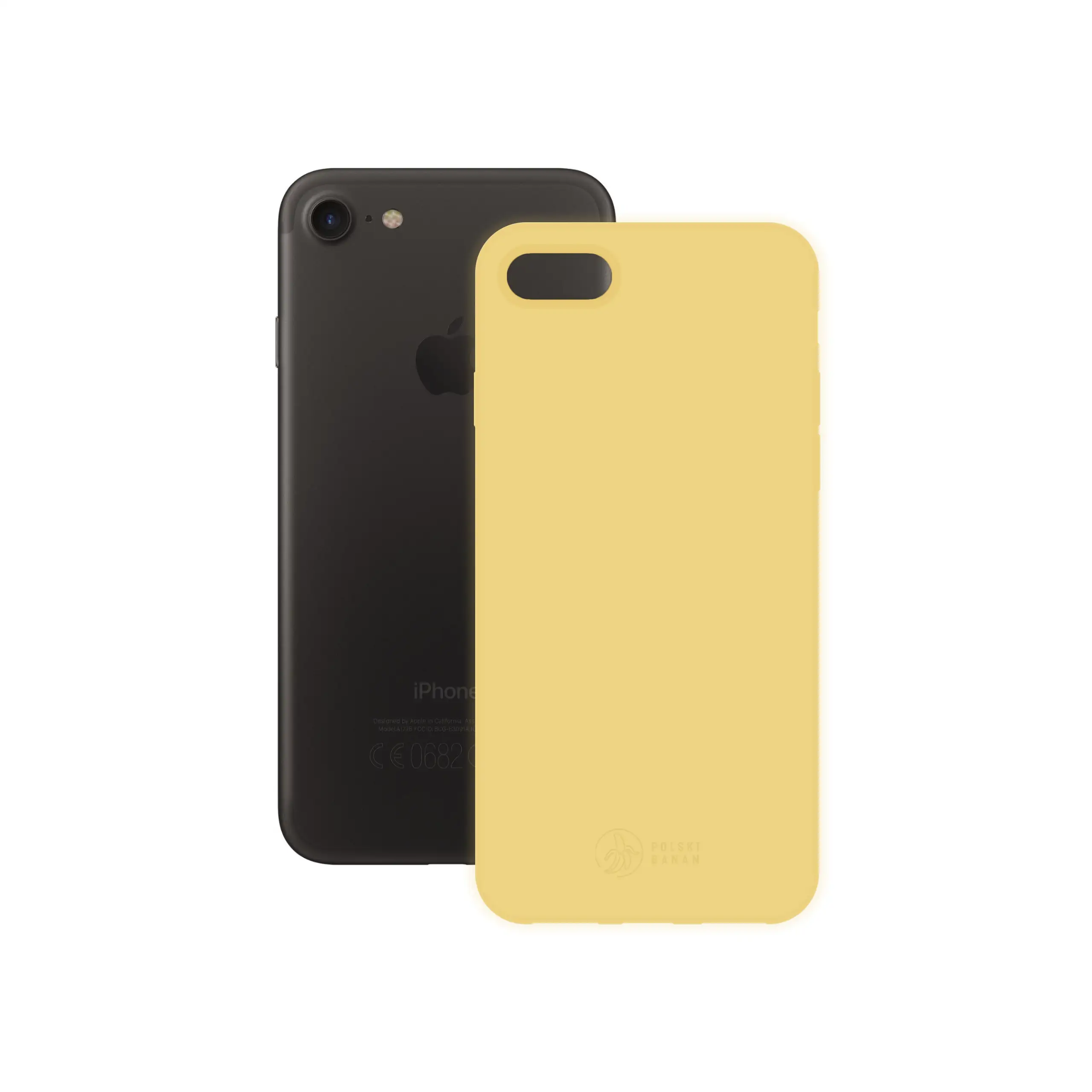 Etui silikonowe matowe żółte Polski Banan obok telefonu Apple iPhone 7 / 8 / SE 2020 / SE 2022