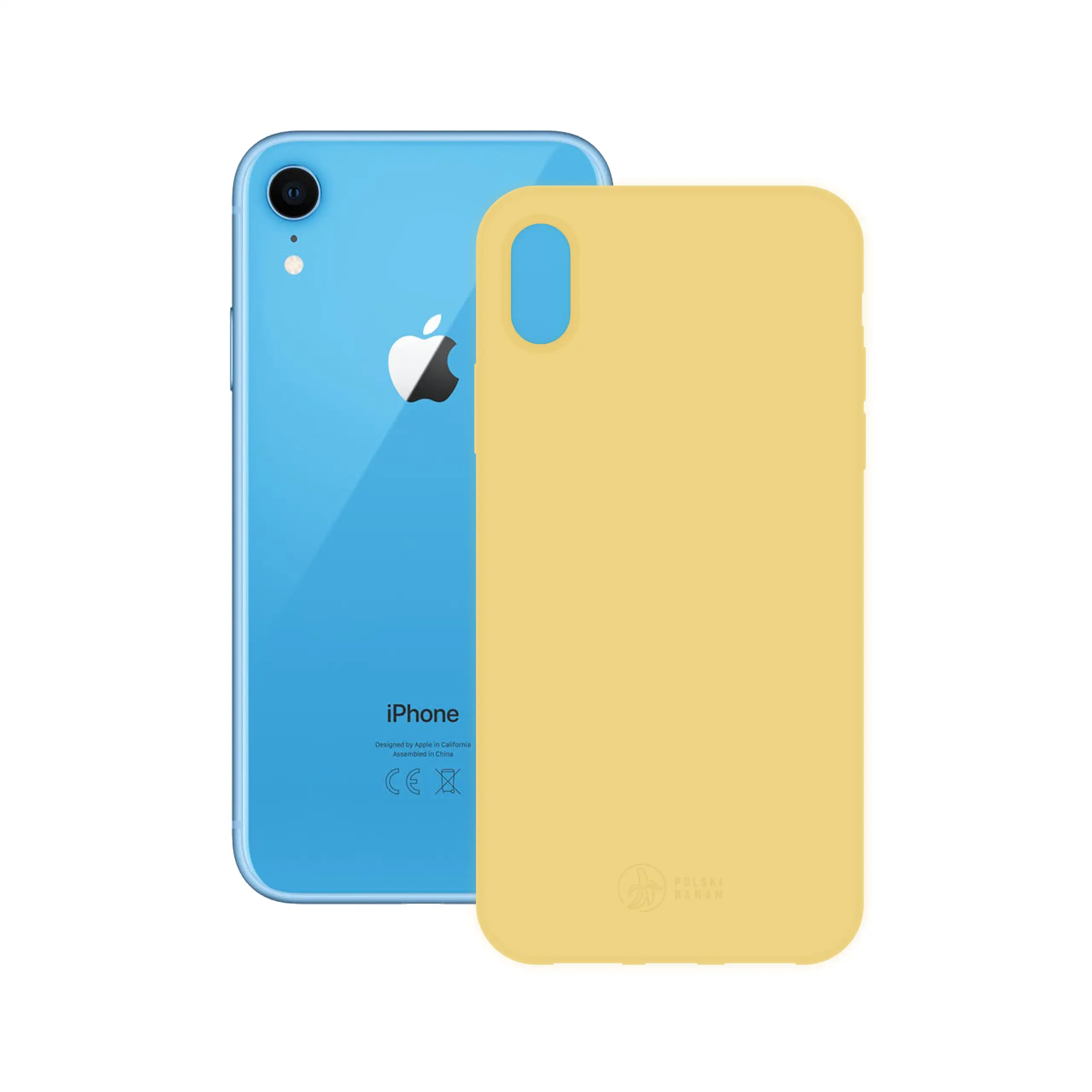 Etui silikonowe matowe żółte Polski Banan obok telefonu Apple iPhone Xr