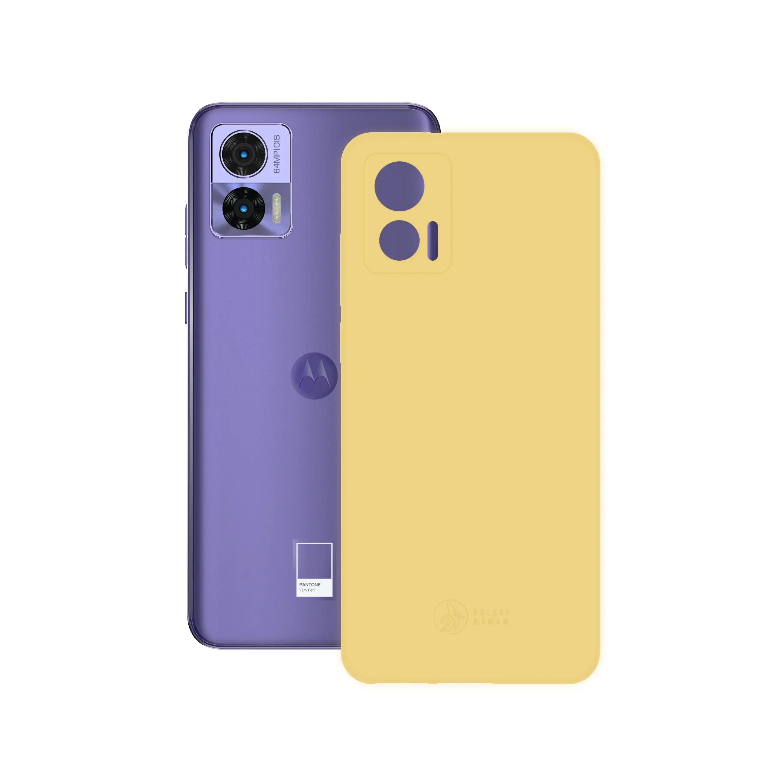 Etui silikonowe matowe żółte Polski Banan obok telefonu Motorola Edge 30 Neo