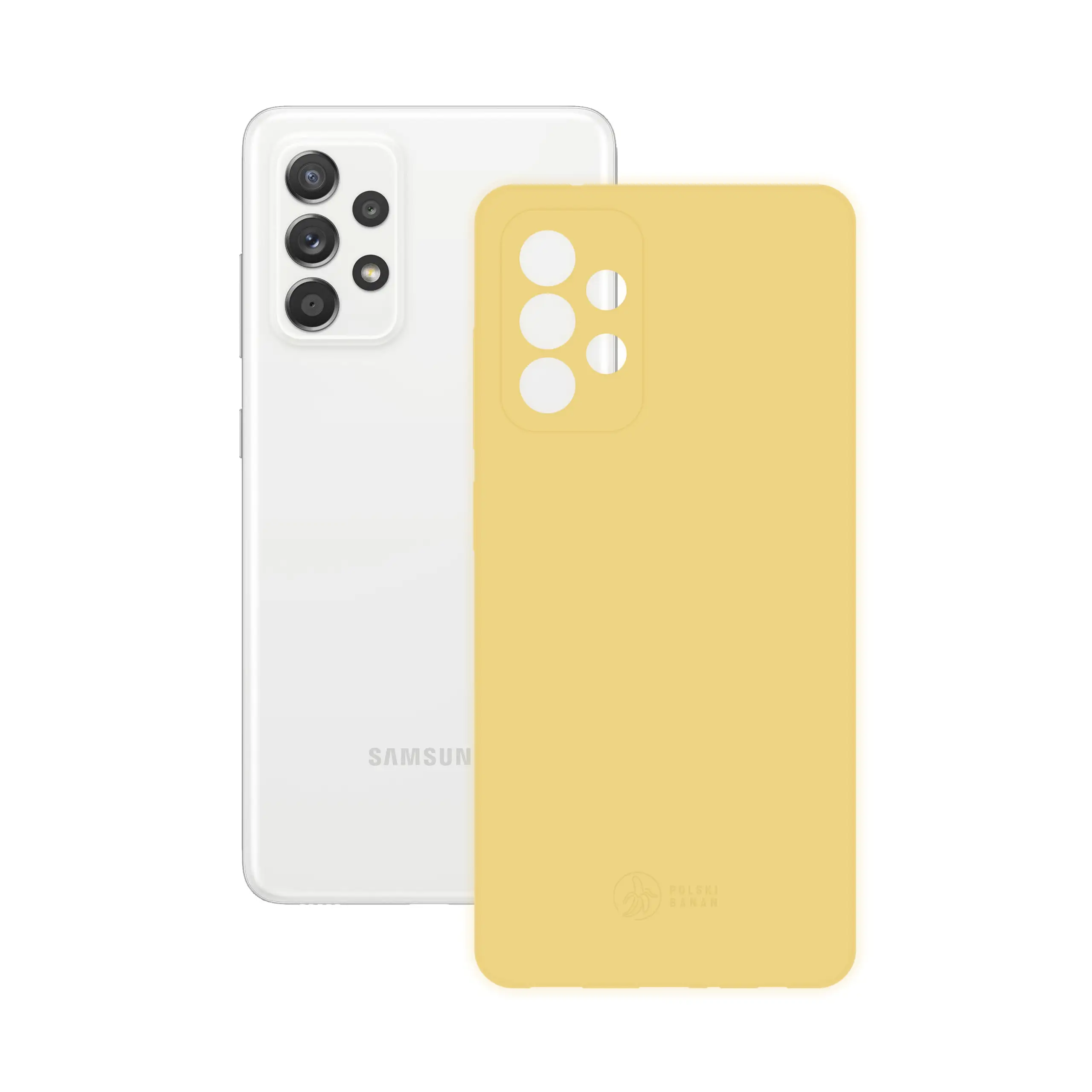 Etui silikonowe matowe żółte Polski Banan obok telefonu Samsung Galaxy A52 / A52s