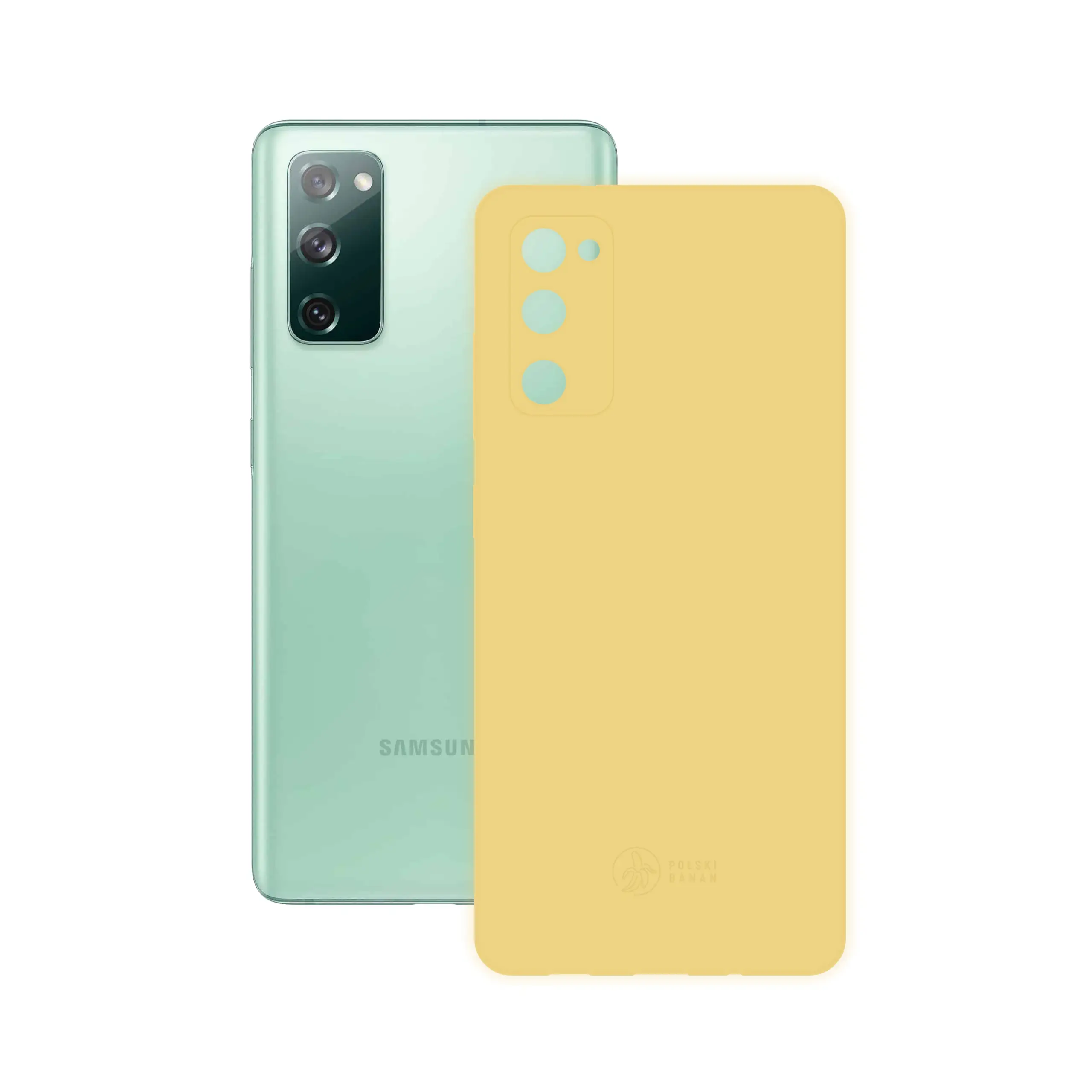 Etui silikonowe matowe żółte Polski Banan obok telefonu Samsung Galaxy S20 FE