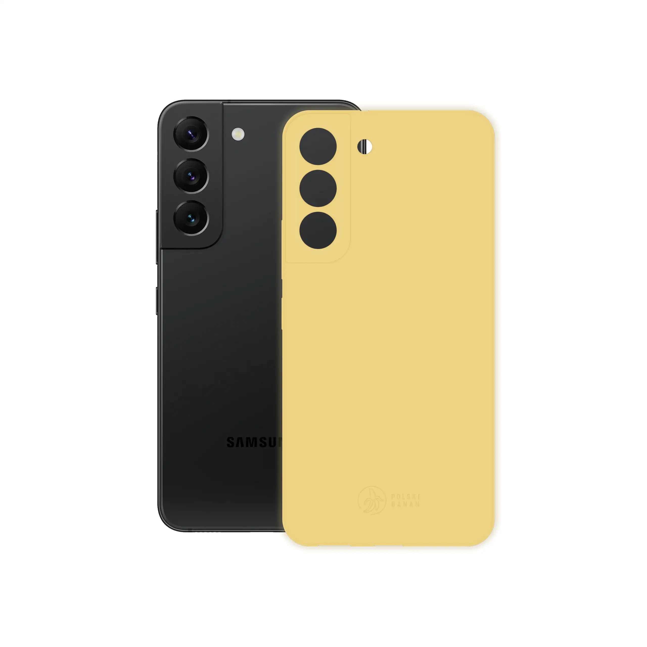 Etui silikonowe matowe żółte Polski Banan obok telefonu Samsung Galaxy S22