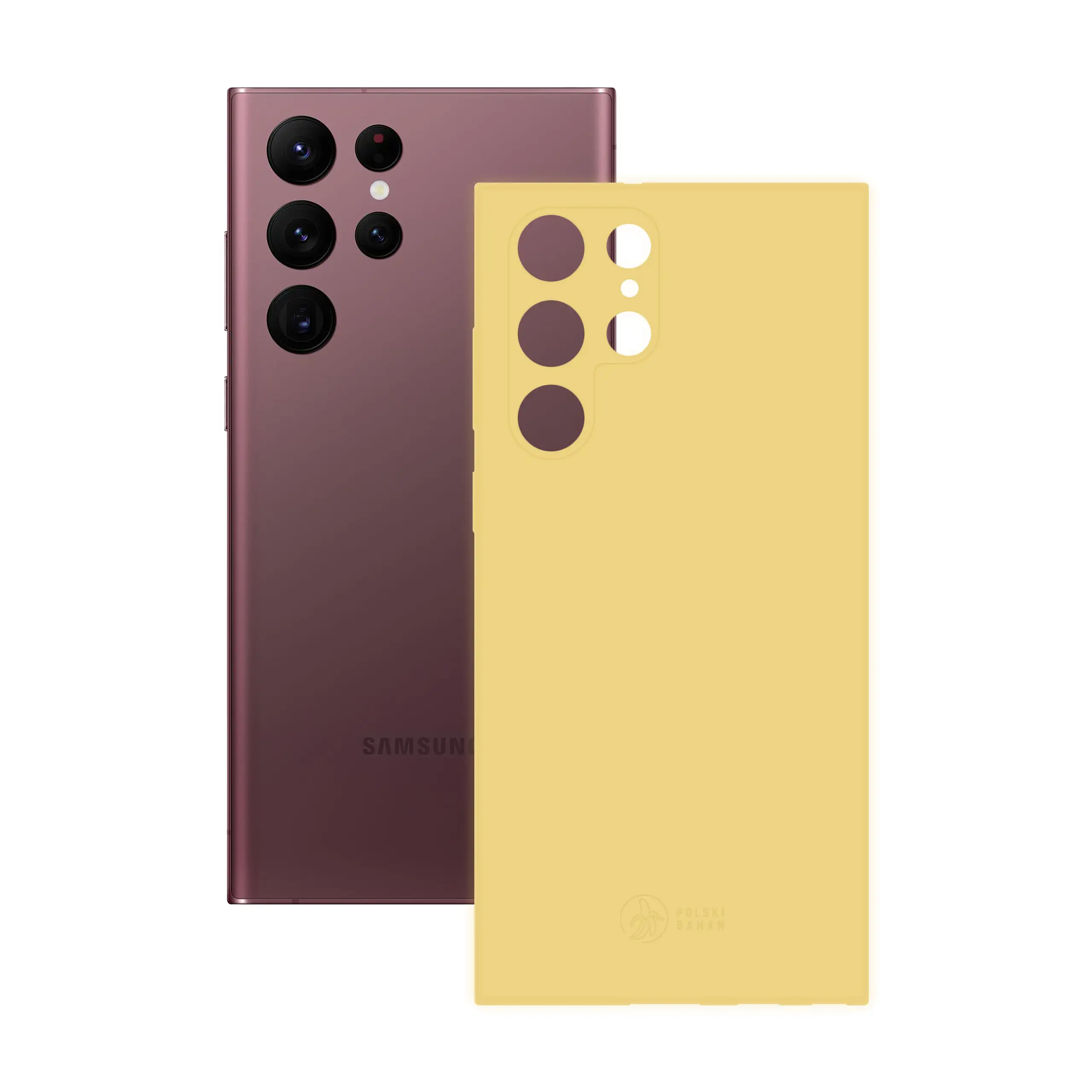 Etui silikonowe matowe żółte Polski Banan obok telefonu Samsung Galaxy S22 Ultra